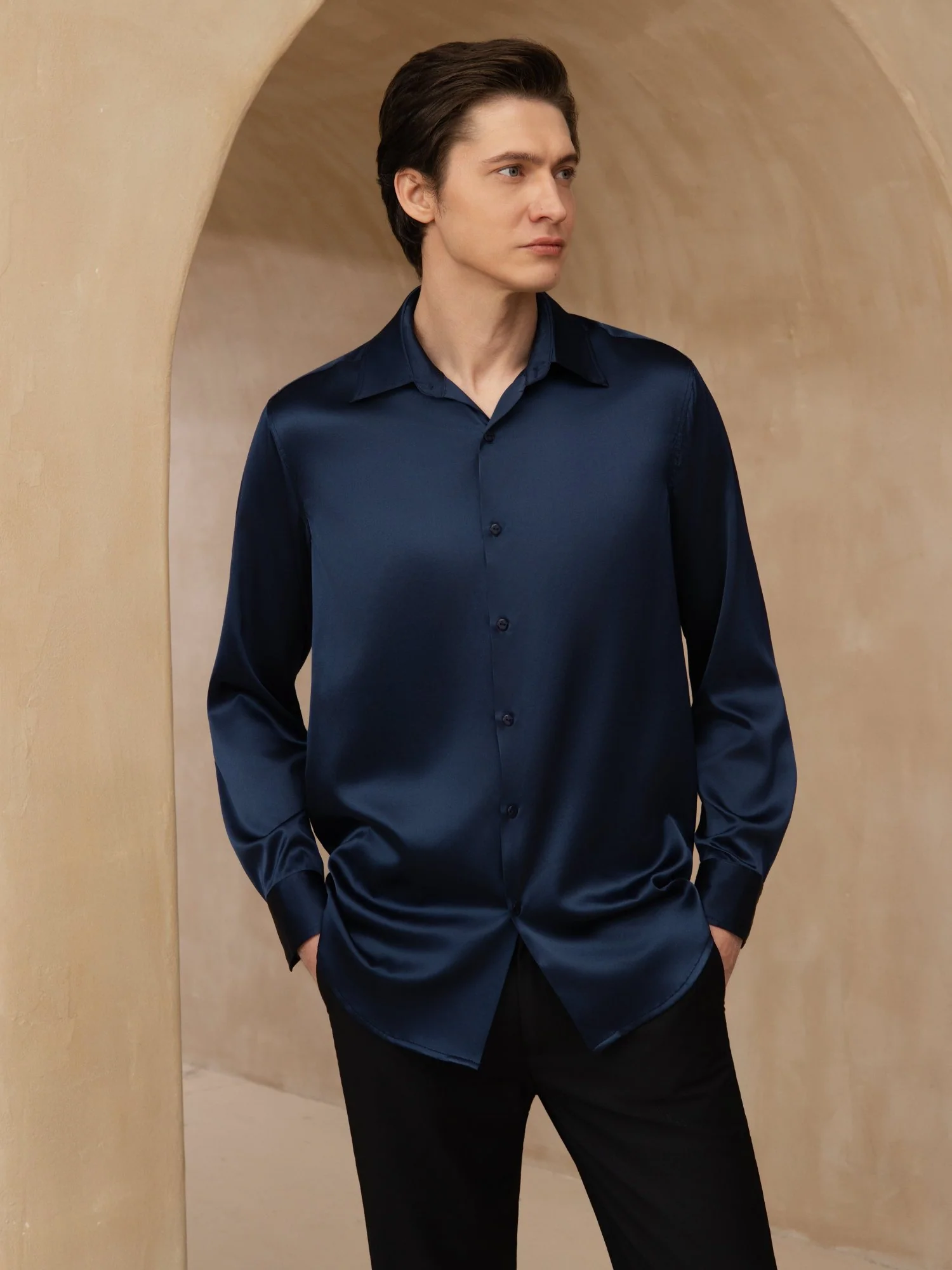 19Momme Silk Men's Long Sleeve Lapel Collar Classic Business Shirt - Image 11