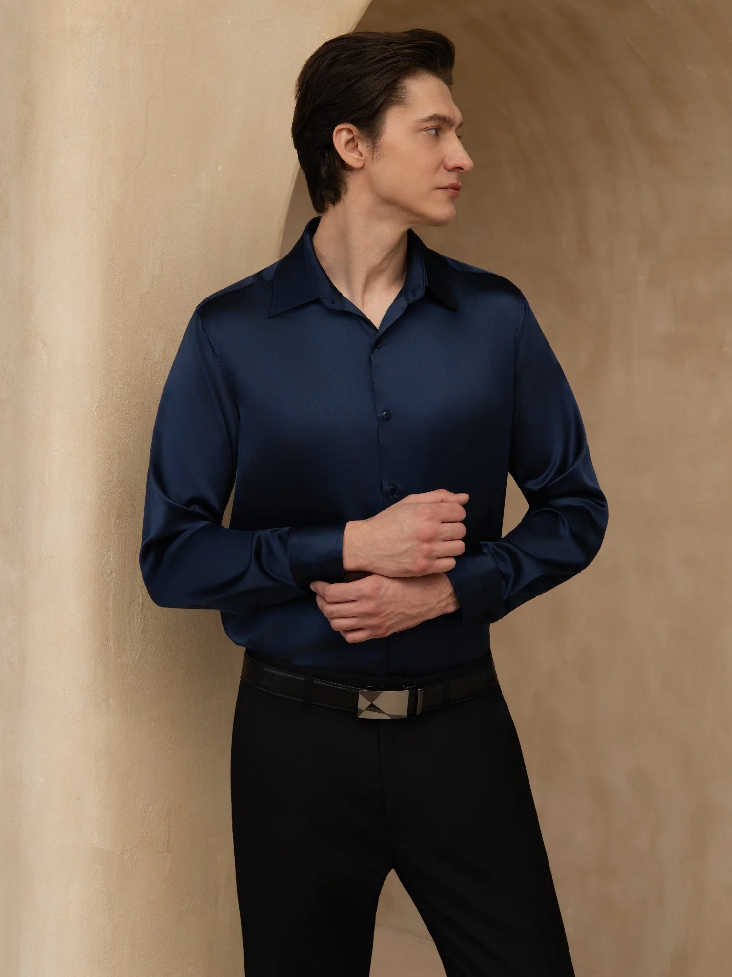 19Momme Silk Men's Long Sleeve Lapel Collar Classic Business Shirt - Image 12