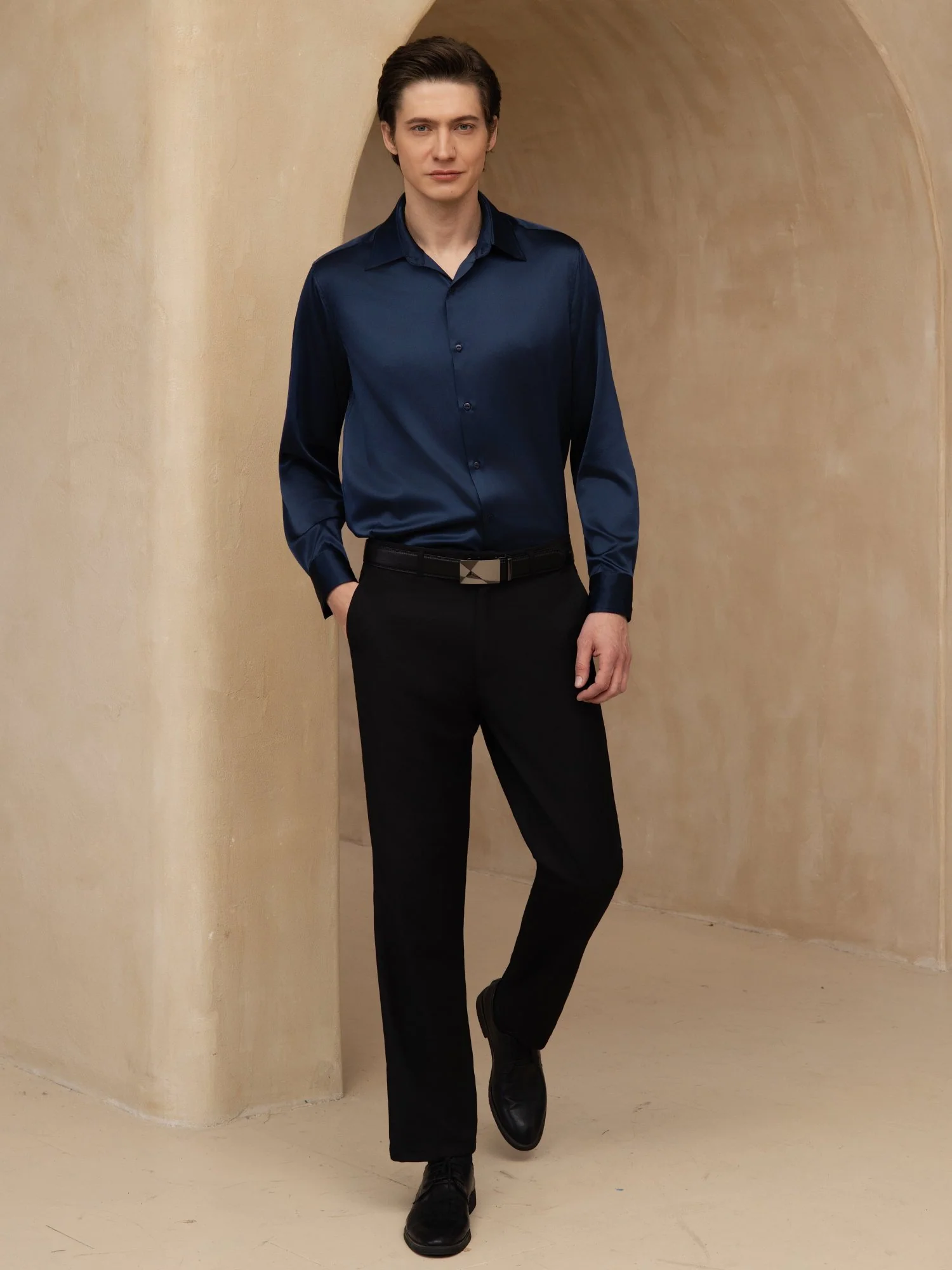 19Momme Silk Men's Long Sleeve Lapel Collar Classic Business Shirt - Image 15
