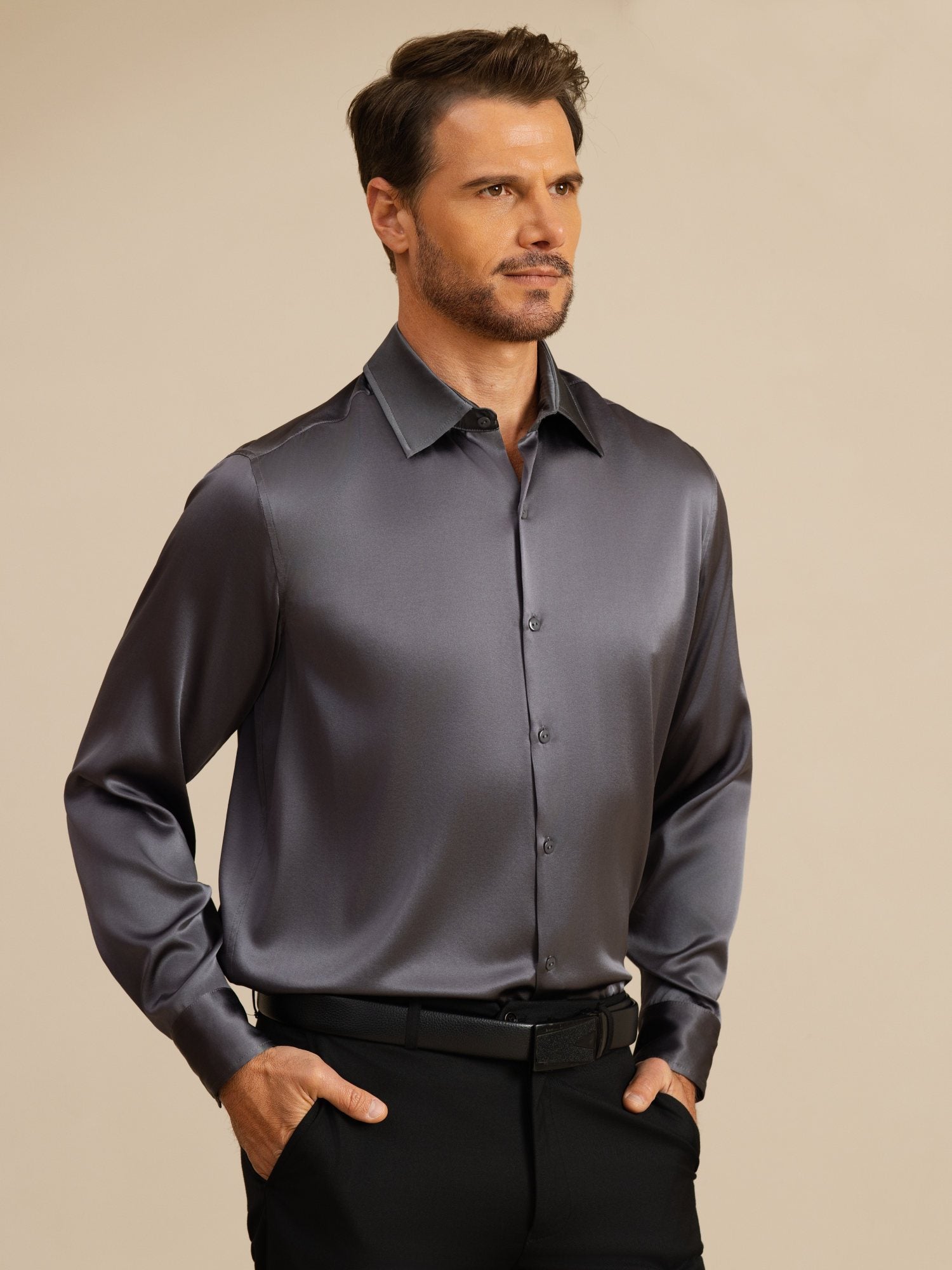 19Momme Silk Men's Long Sleeve Lapel Collar Classic Business Shirt - Image 17