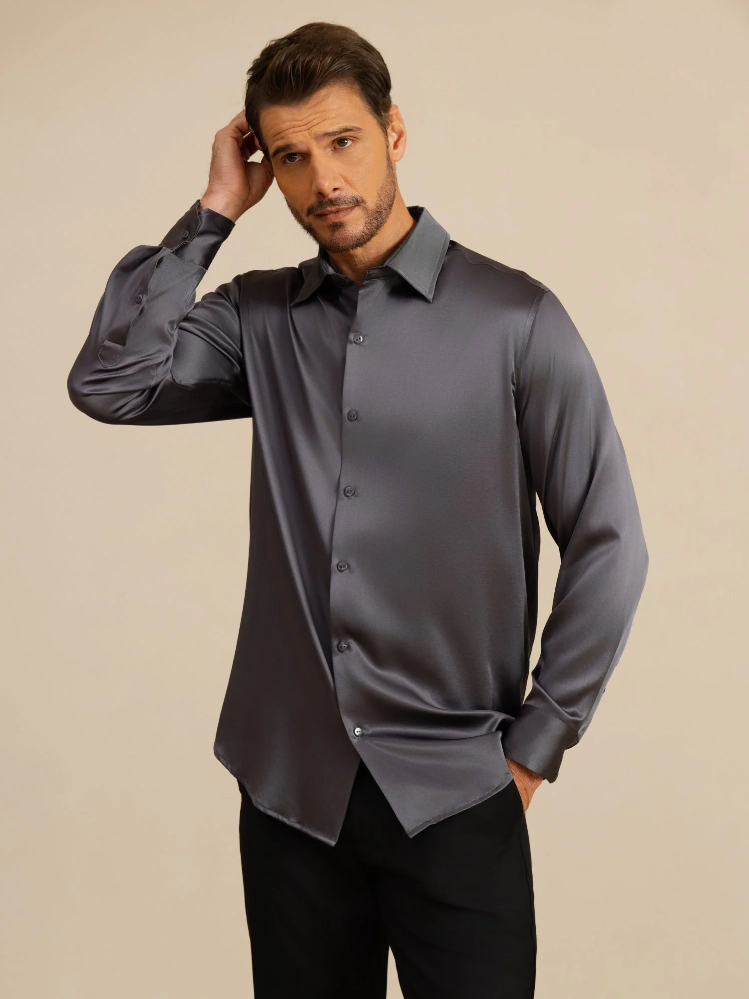 19Momme Silk Men's Long Sleeve Lapel Collar Classic Business Shirt - Image 20