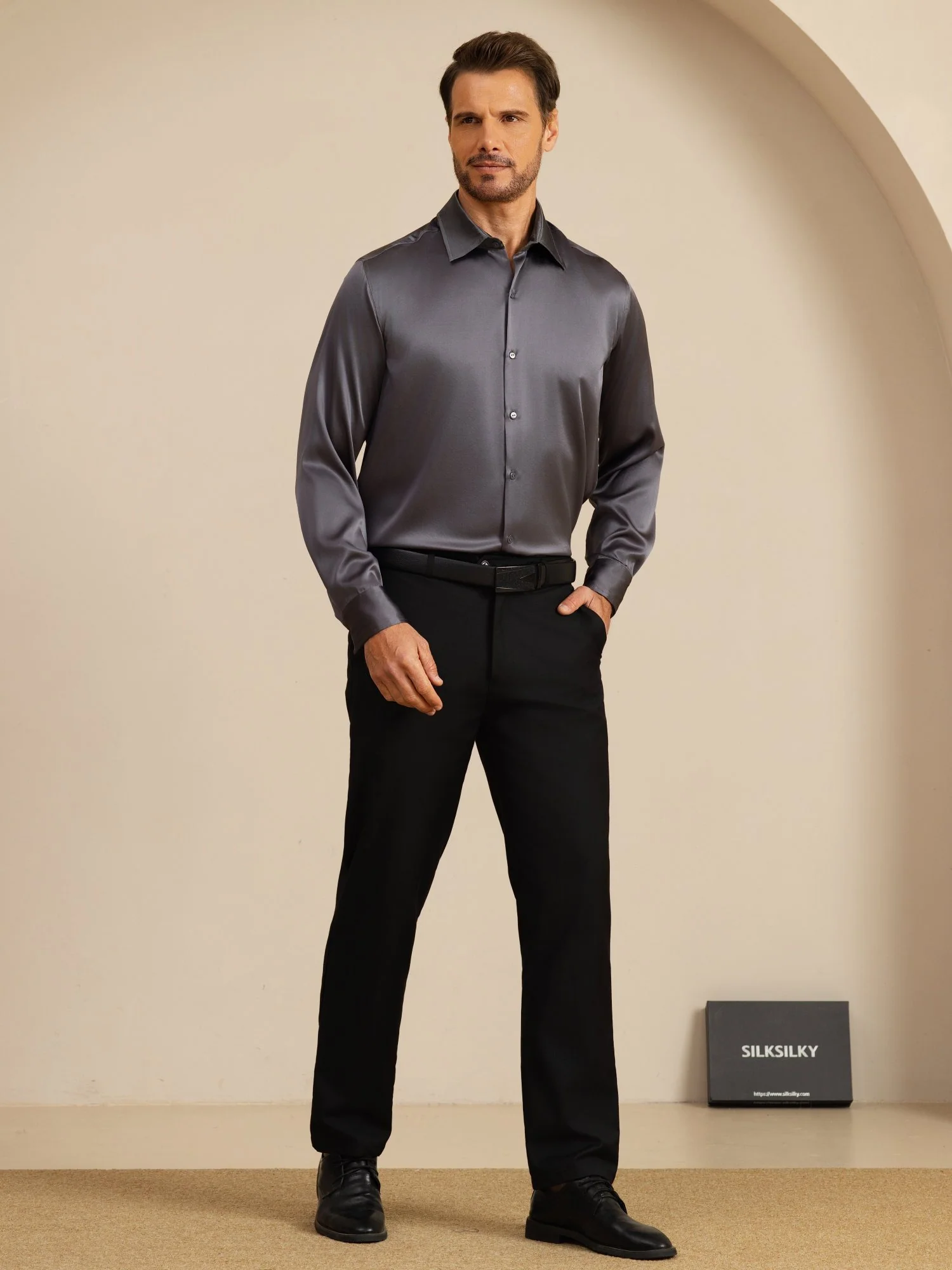 19Momme Silk Men's Long Sleeve Lapel Collar Classic Business Shirt - Image 24