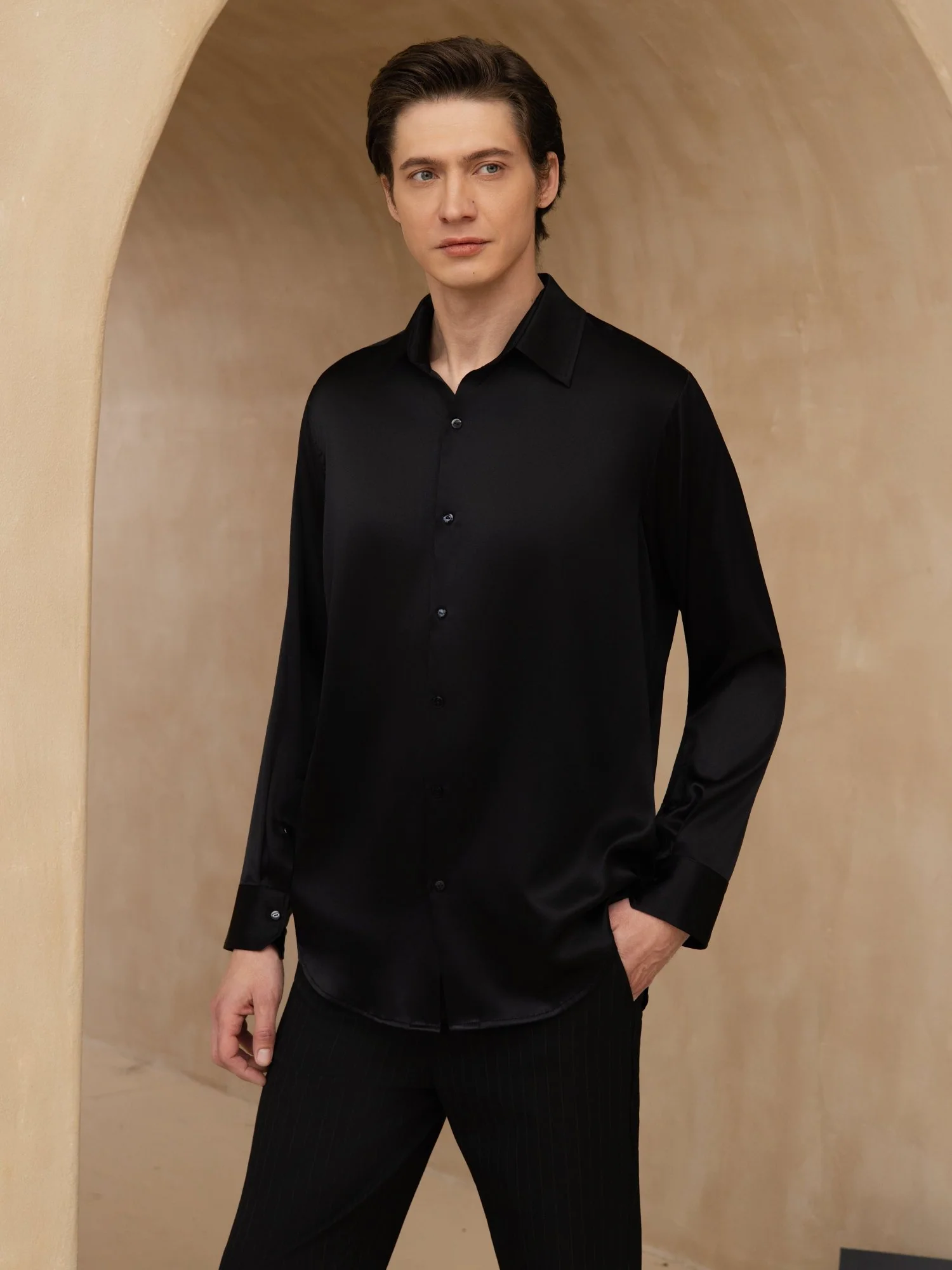 19Momme Silk Men's Long Sleeve Lapel Collar Classic Business Shirt - Image 25