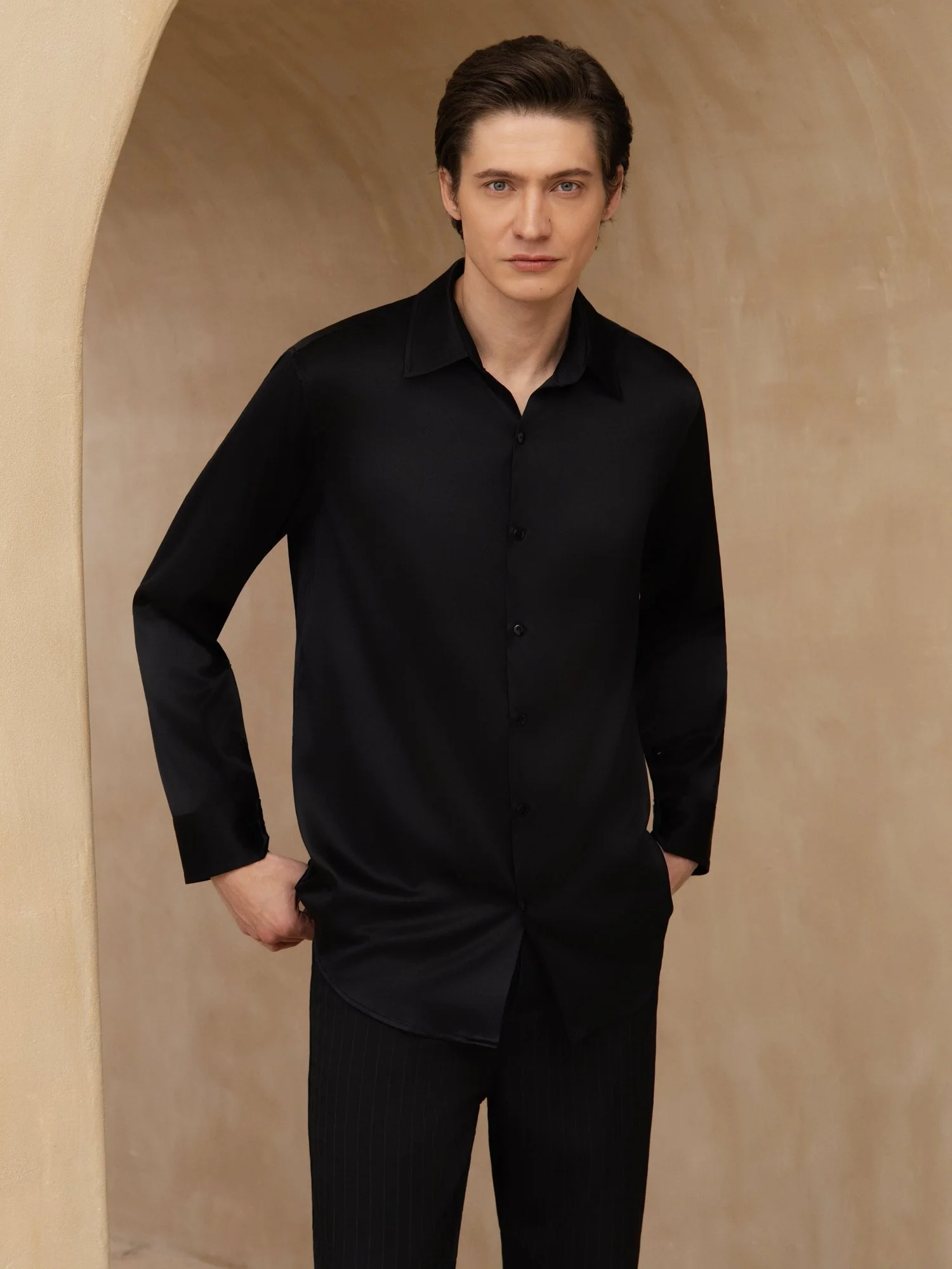 19Momme Silk Men's Long Sleeve Lapel Collar Classic Business Shirt - Image 27