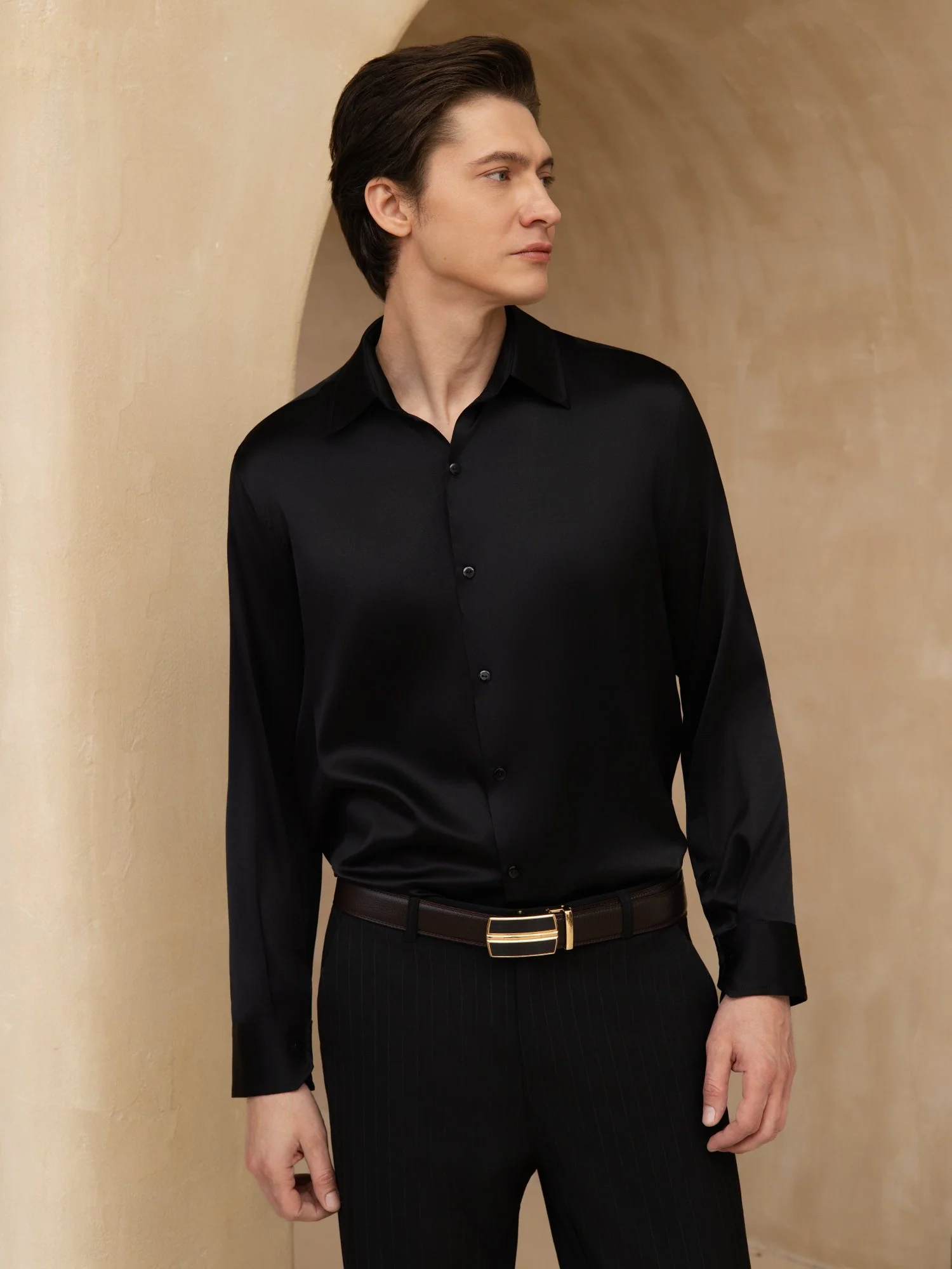 19Momme Silk Men's Long Sleeve Lapel Collar Classic Business Shirt - Image 28