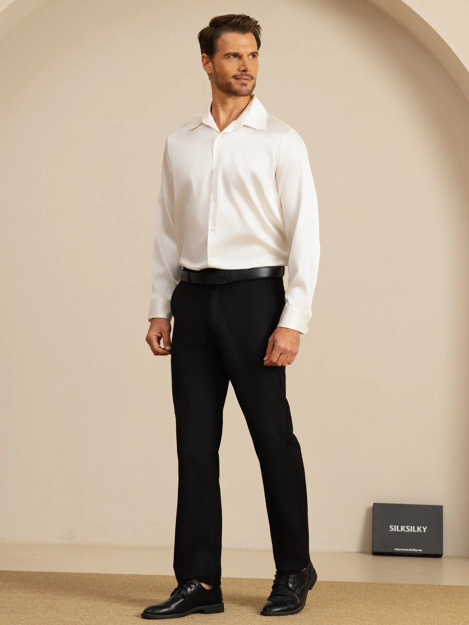 19Momme Silk Men's Long Sleeve Lapel Collar Classic Business Shirt - Image 7