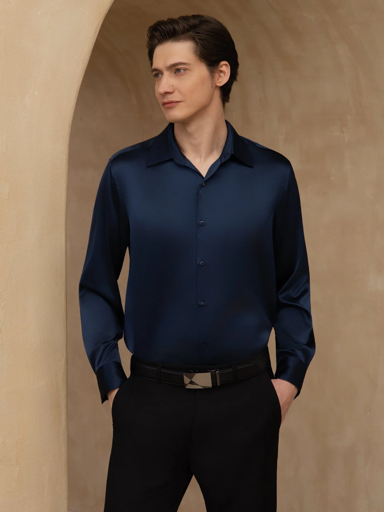 19Momme Silk Men's Long Sleeve Lapel Collar Classic Business Shirt - Image 9