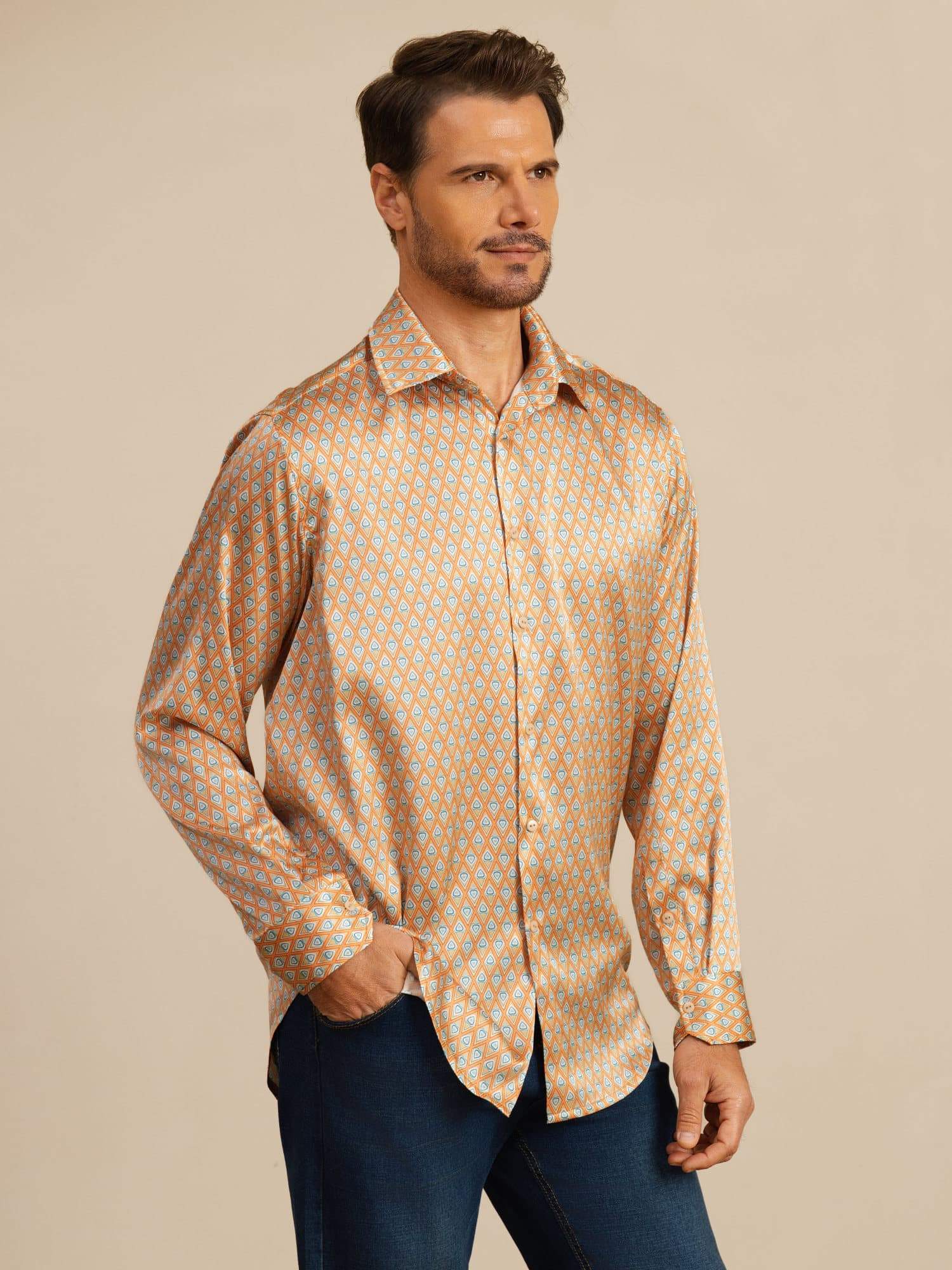 19Momme Silk Men's Long Sleeve Lapel Collar Floral Print Shirt - Image 3