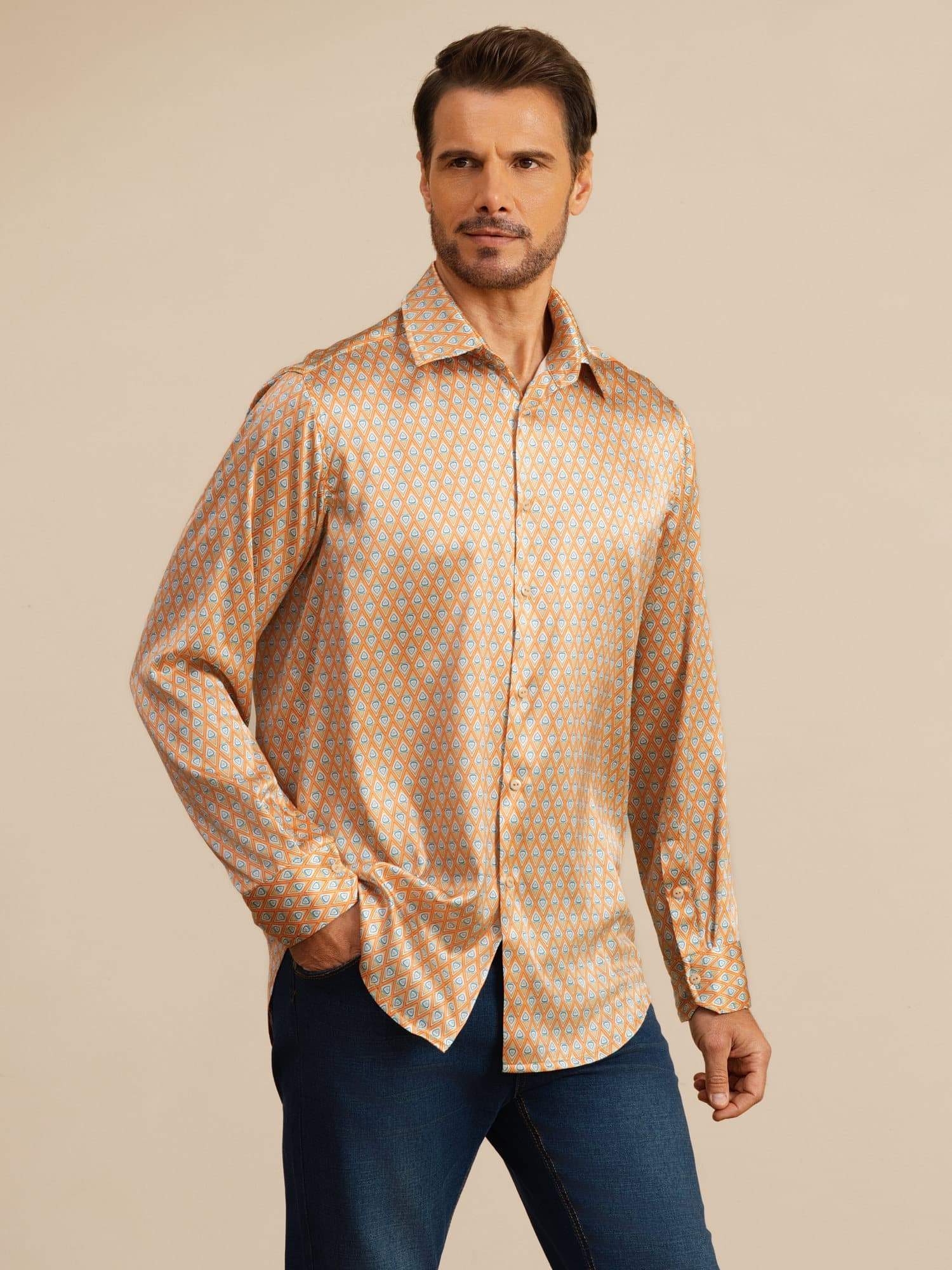 19Momme Silk Men's Long Sleeve Lapel Collar Floral Print Shirt - Image 4