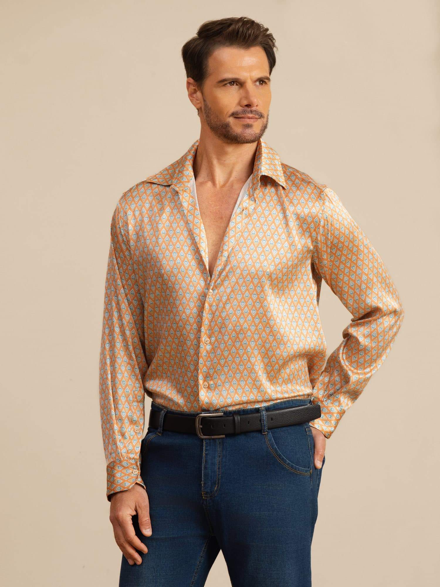19Momme Silk Men's Long Sleeve Lapel Collar Floral Print Shirt - Image 5