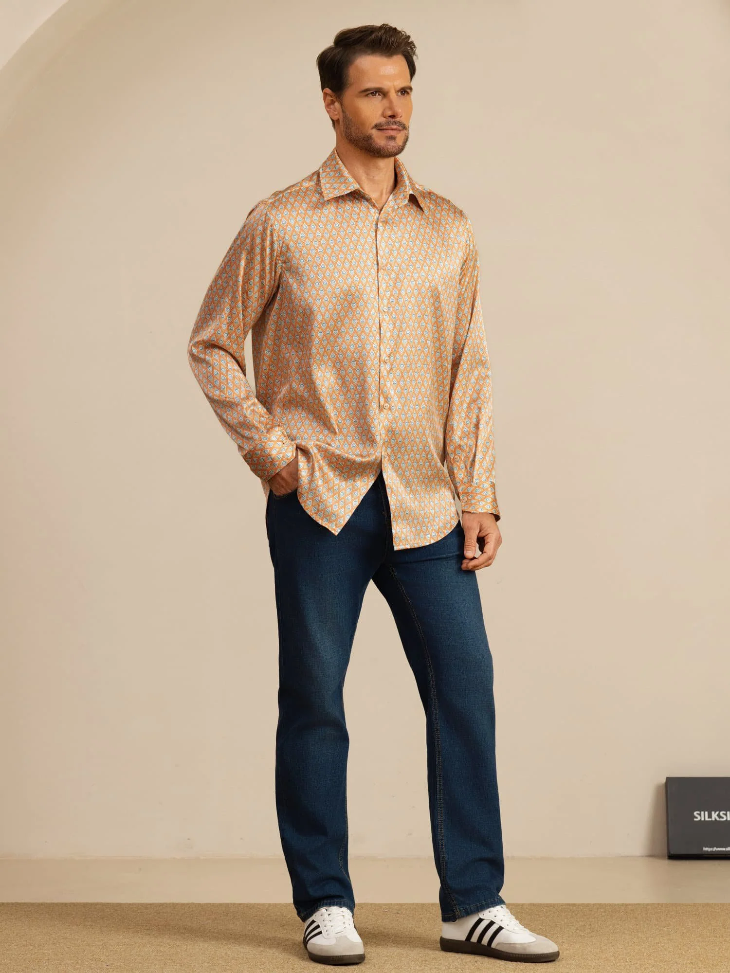 19Momme Silk Men's Long Sleeve Lapel Collar Floral Print Shirt - Image 8