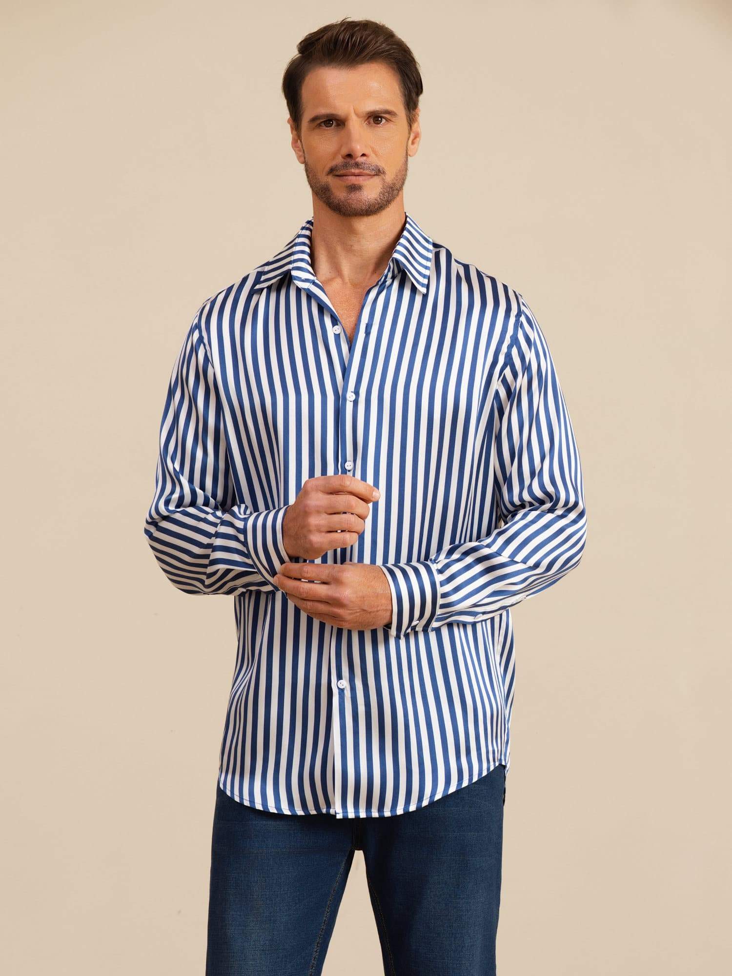 19Momme Silk Men's Long Sleeve Lapel Collar Stripe Print Shirt - Image 3