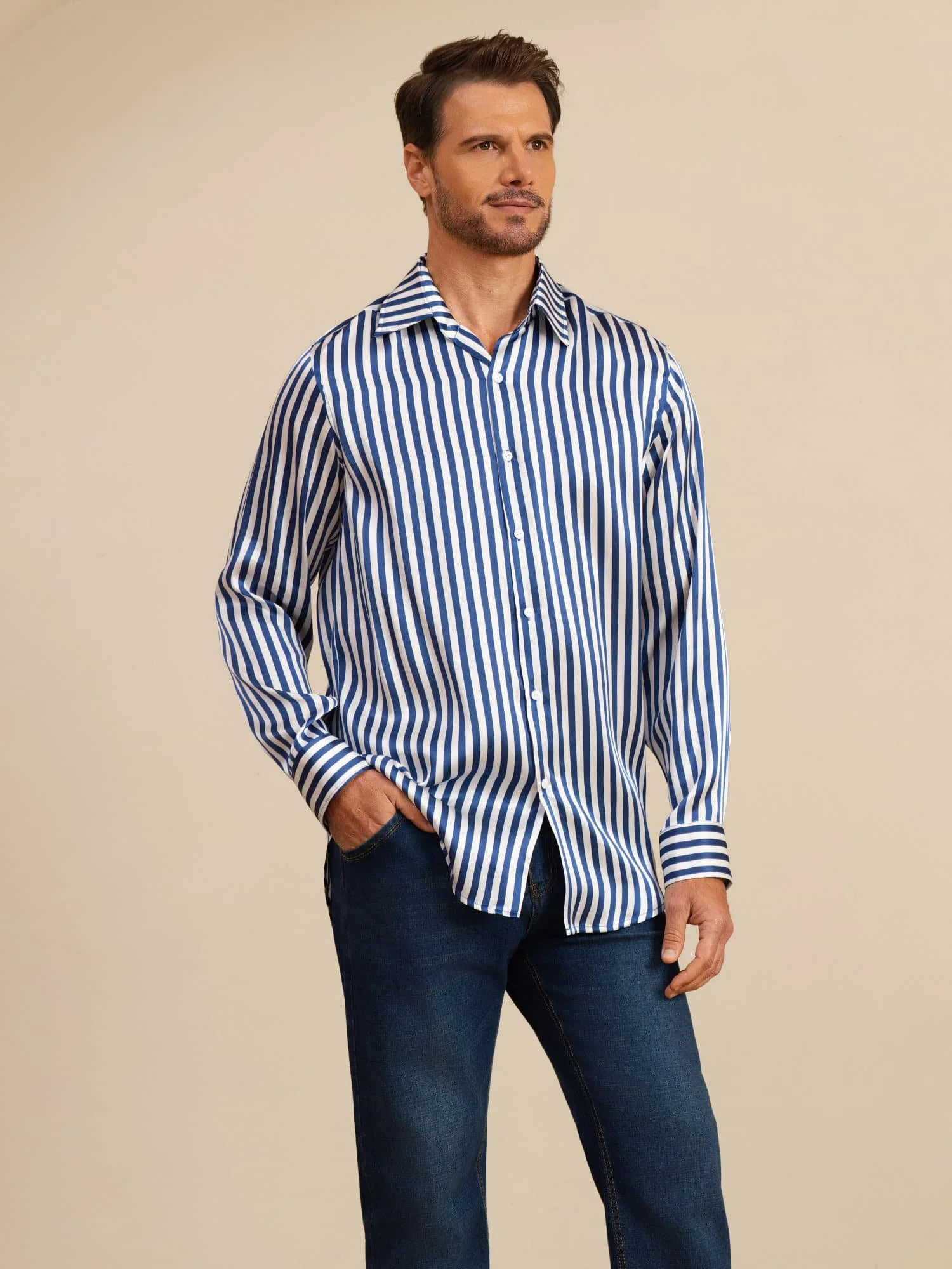 19Momme Silk Men's Long Sleeve Lapel Collar Stripe Print Shirt - Image 4