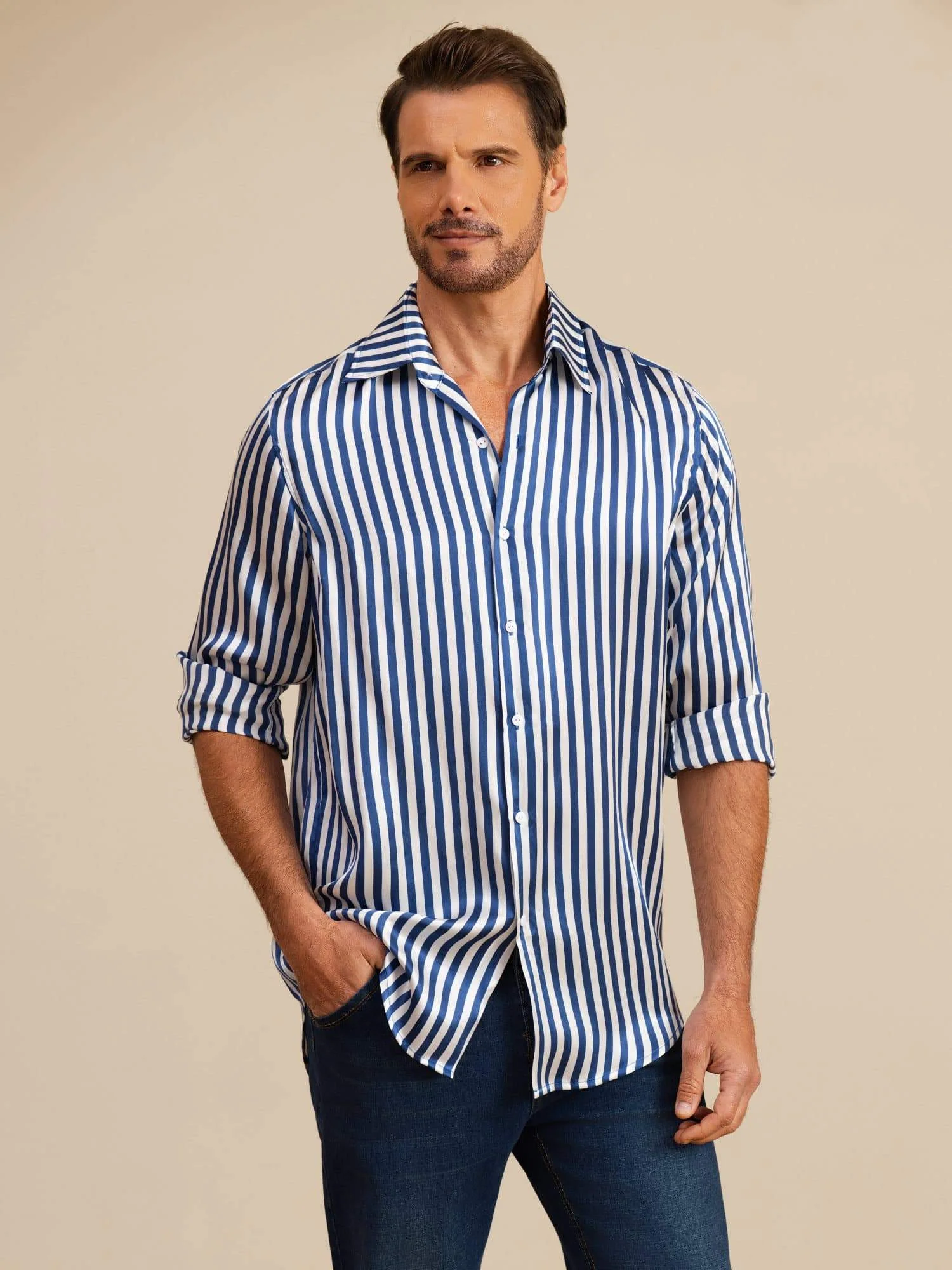 19Momme Silk Men's Long Sleeve Lapel Collar Stripe Print Shirt - Image 5