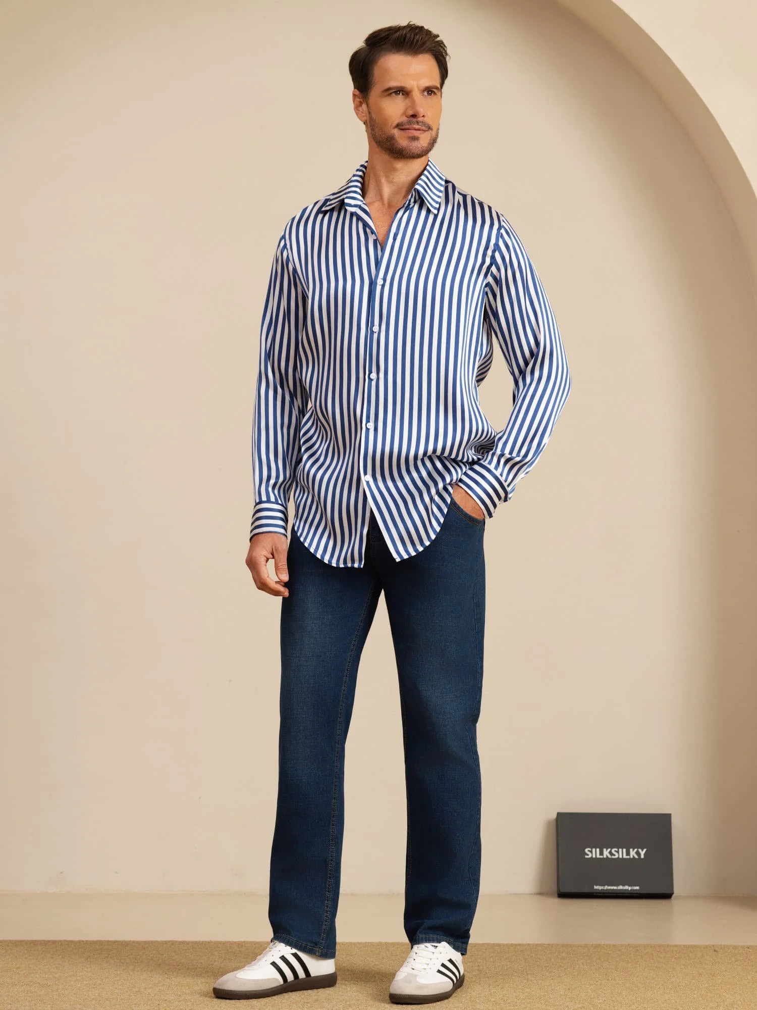 19Momme Silk Men's Long Sleeve Lapel Collar Stripe Print Shirt - Image 7
