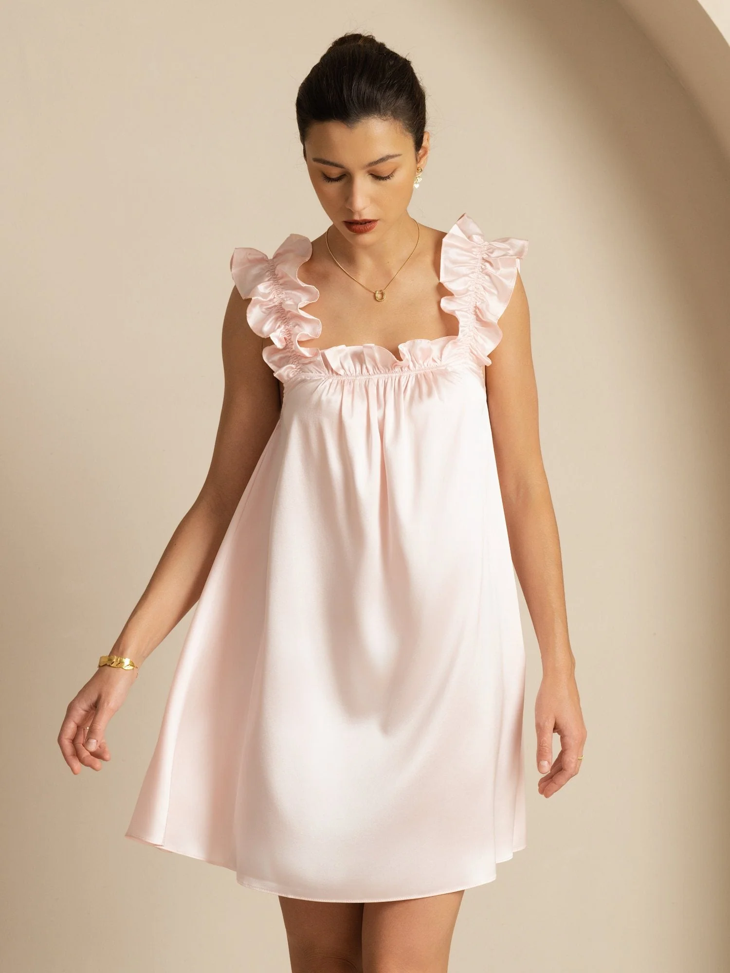19Momme Silk Ruffle Strap Square Neck Babydoll A-Line Short Nightdress - Image 3