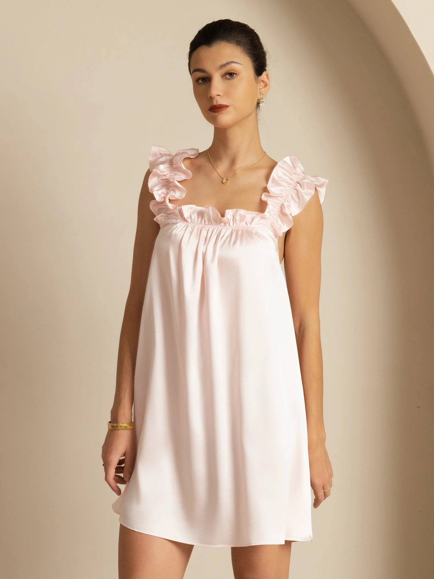19Momme Silk Ruffle Strap Square Neck Babydoll A-Line Short Nightdress - Image 6