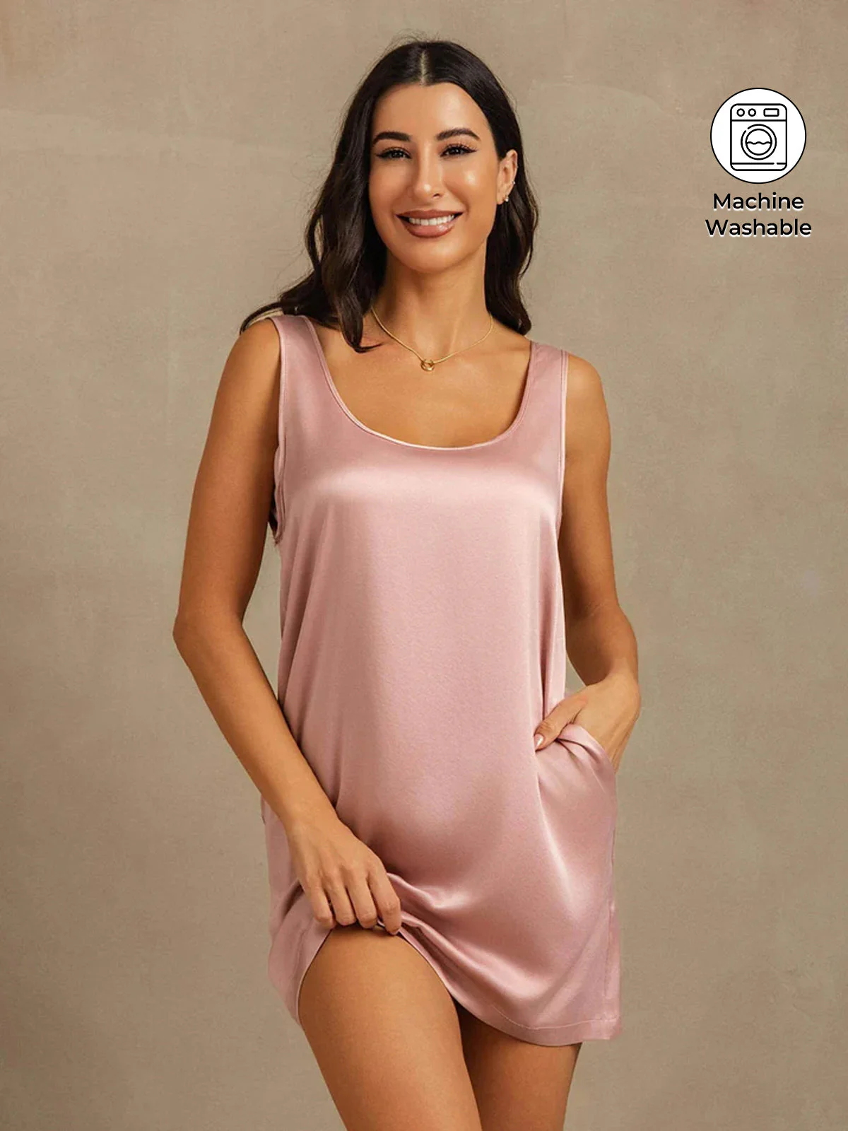 19Momme Washable Silk Sleeveless U Neck Short Nightdress with Side Pocket Design - Image 25