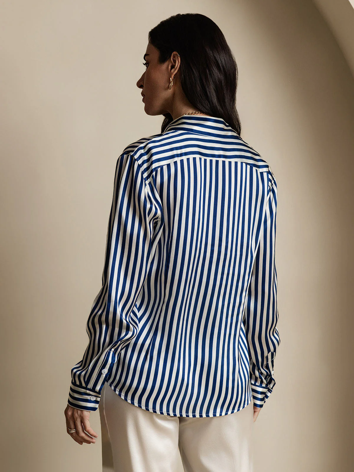 19Momme Silk Stripe Print Long Sleeve Lapel Collar Women's Shirt - Image 10