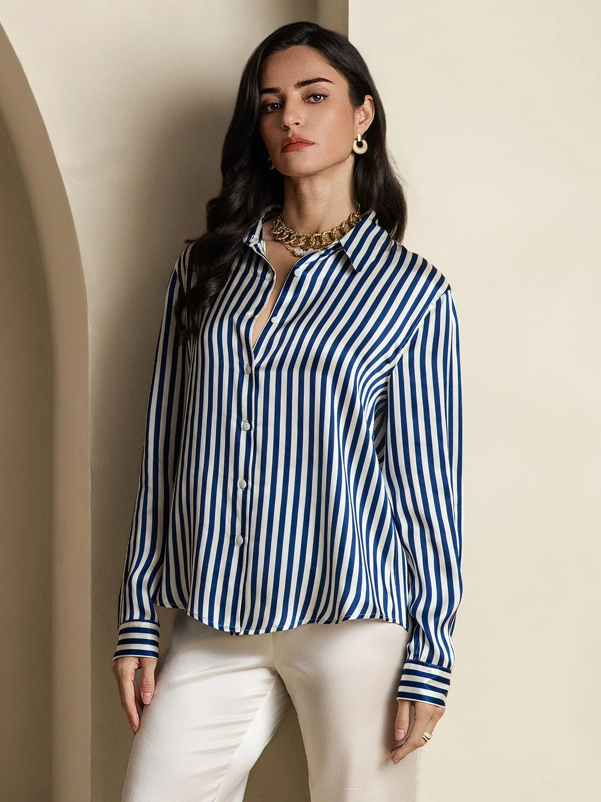 19Momme Silk Stripe Print Long Sleeve Lapel Collar Women's Shirt - Image 12