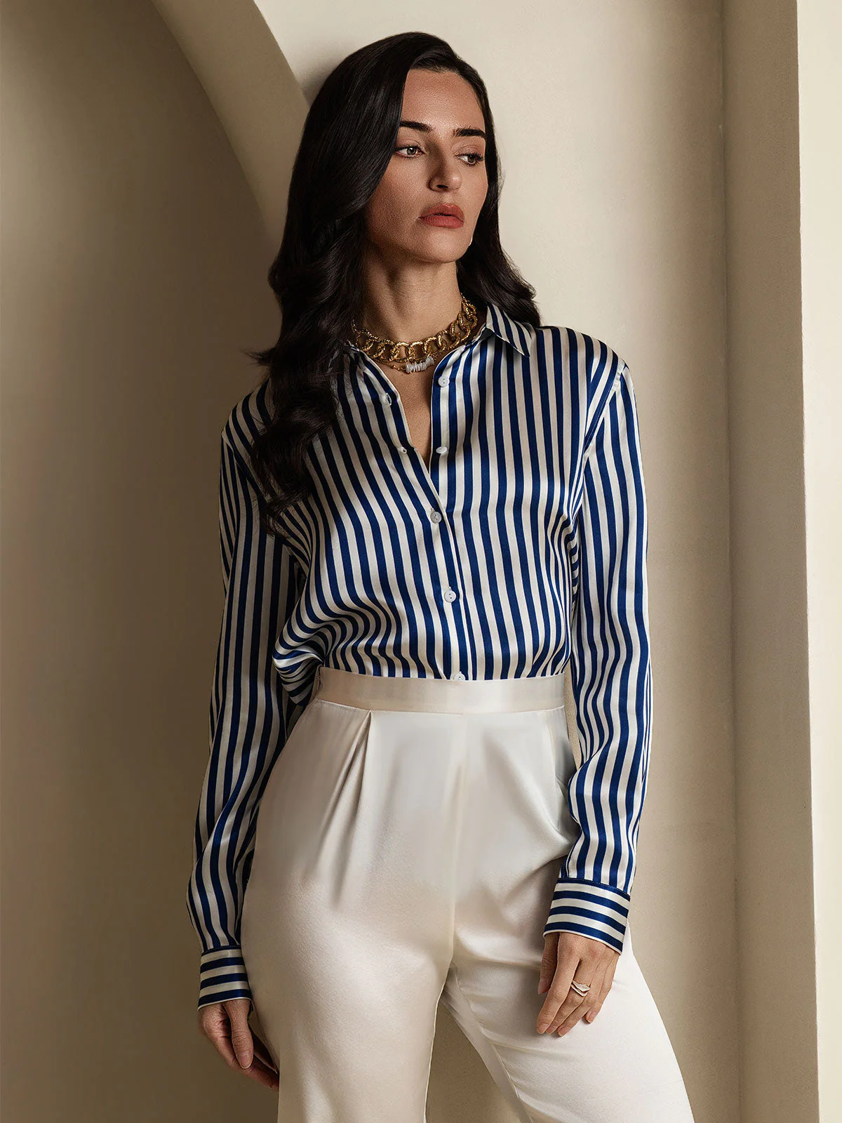 19Momme Silk Stripe Print Long Sleeve Lapel Collar Women's Shirt - Image 13