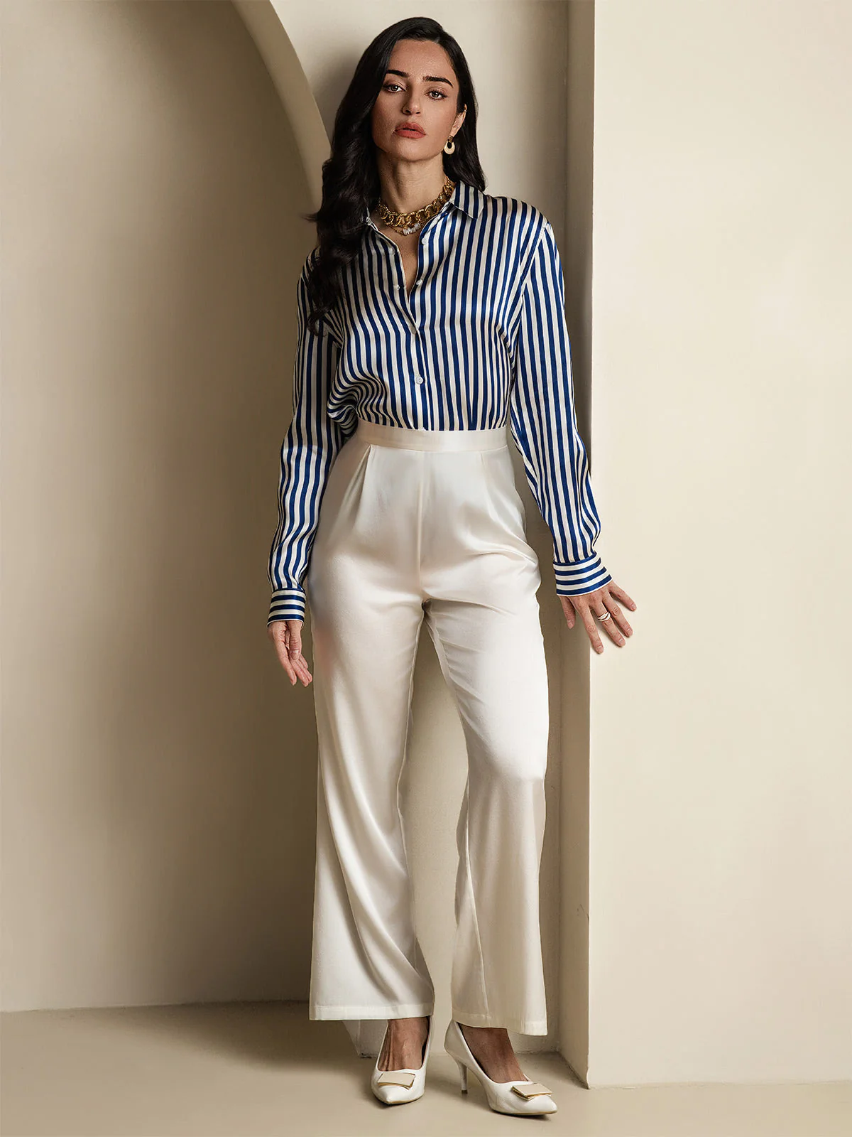 19Momme Silk Stripe Print Long Sleeve Lapel Collar Women's Shirt - Image 15