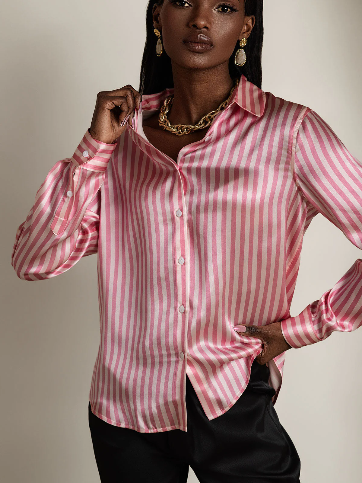 19Momme Silk Stripe Print Long Sleeve Lapel Collar Women's Shirt - Image 3