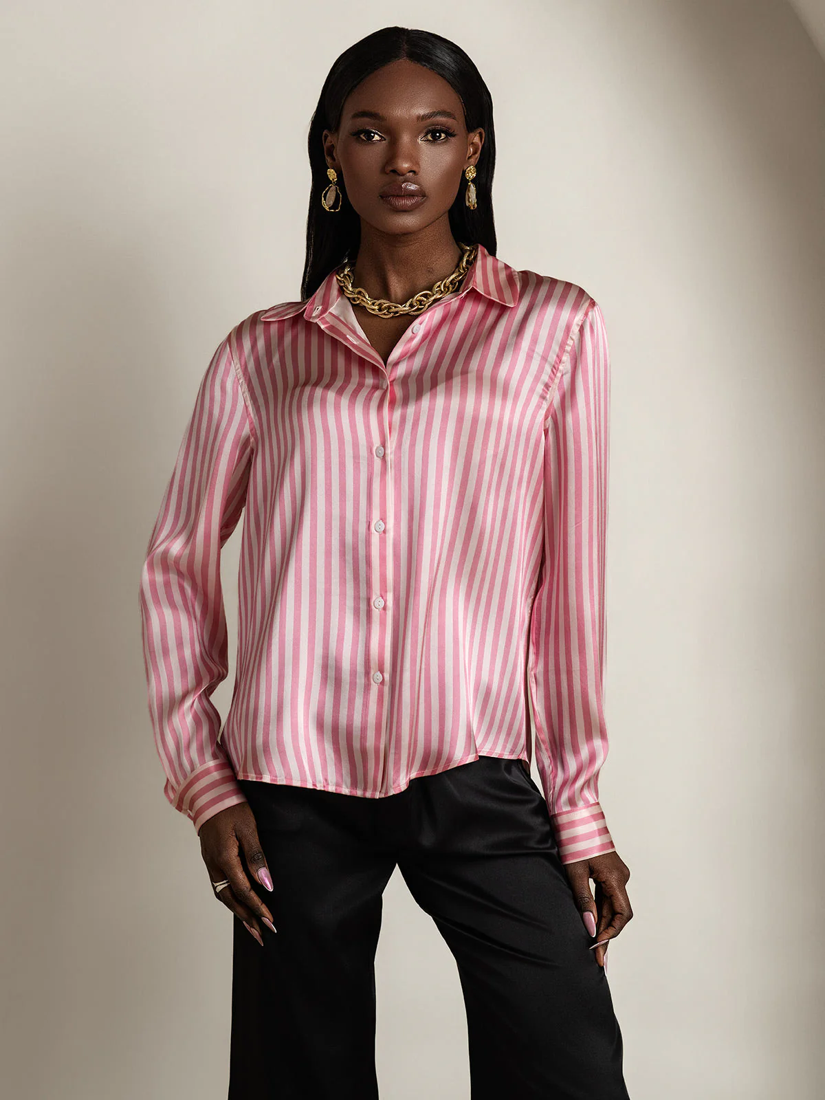 19Momme Silk Stripe Print Long Sleeve Lapel Collar Women's Shirt - Image 4