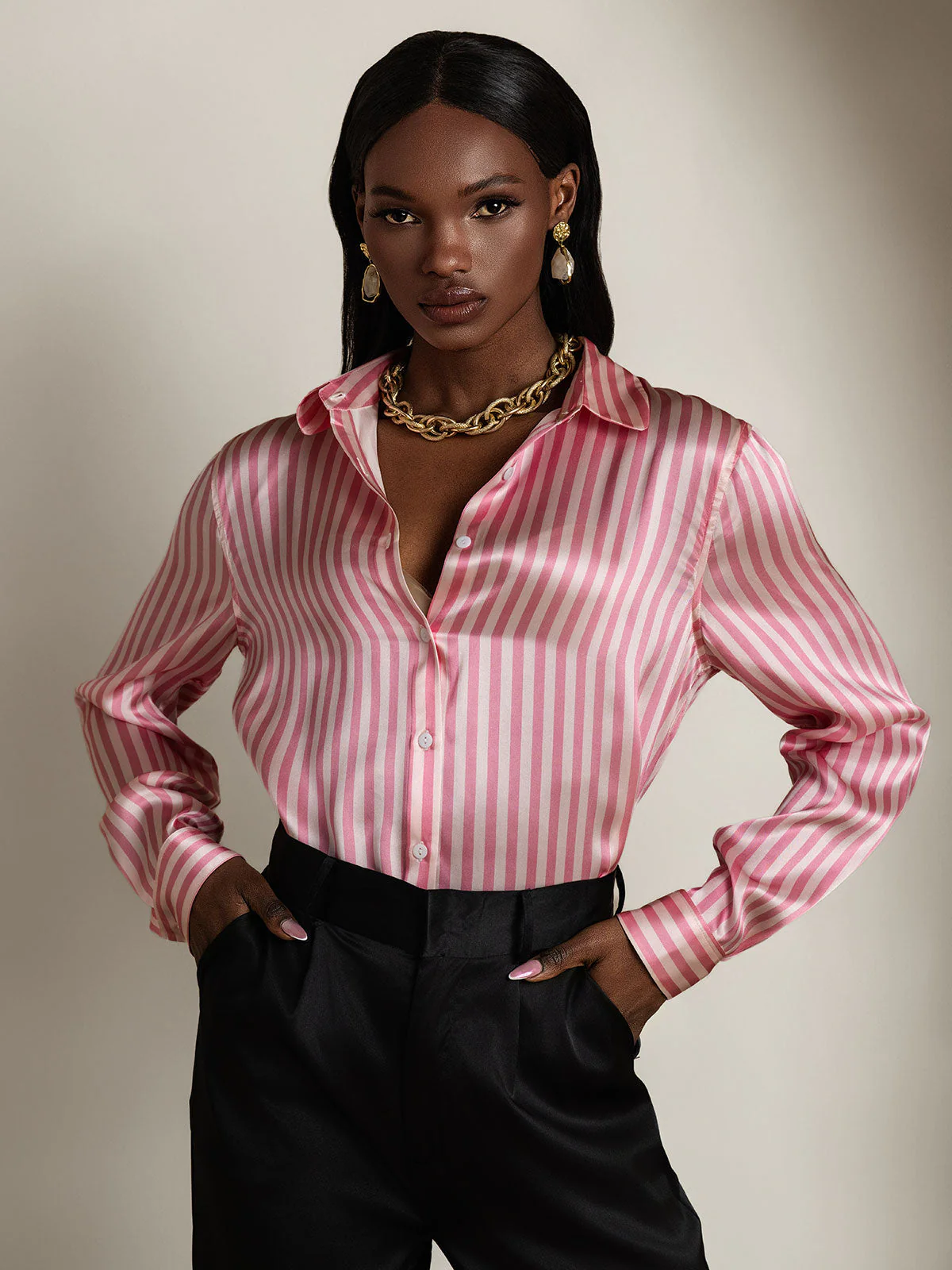19Momme Silk Stripe Print Long Sleeve Lapel Collar Women's Shirt - Image 5