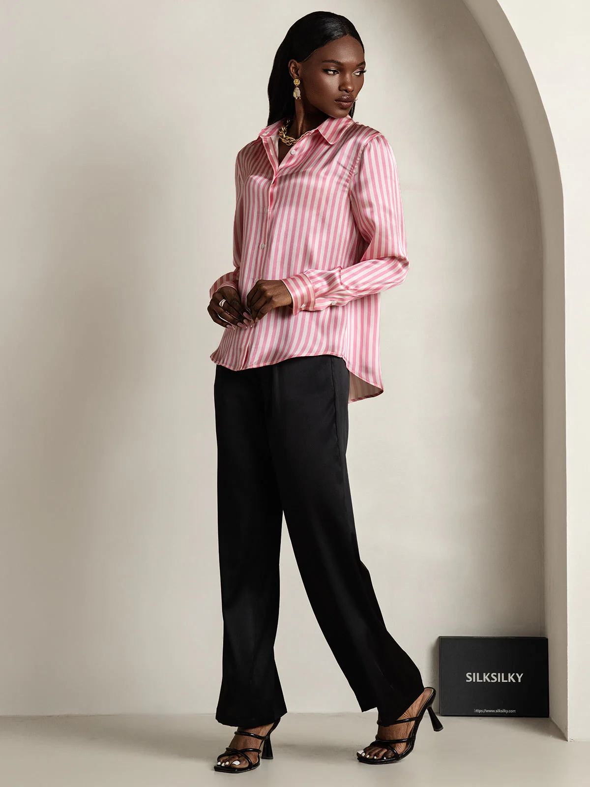 19Momme Silk Stripe Print Long Sleeve Lapel Collar Women's Shirt - Image 7