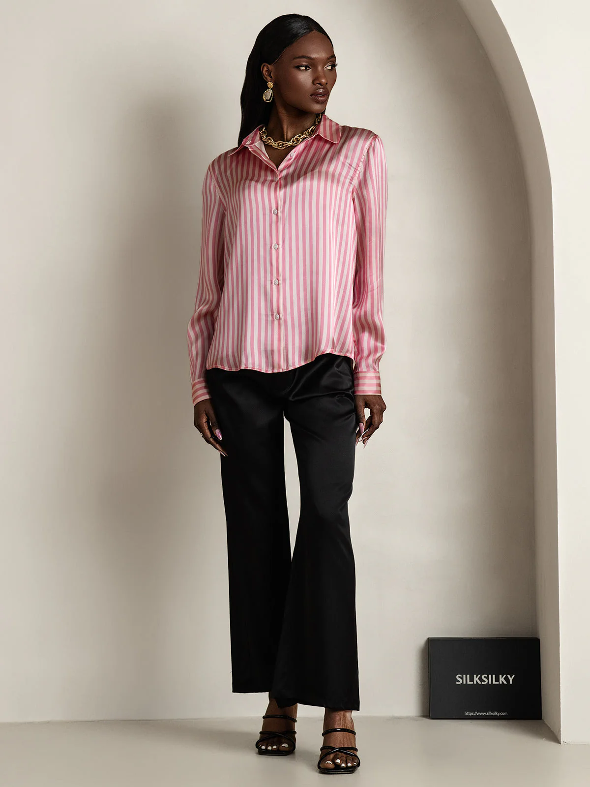 19Momme Silk Stripe Print Long Sleeve Lapel Collar Women's Shirt - Image 8