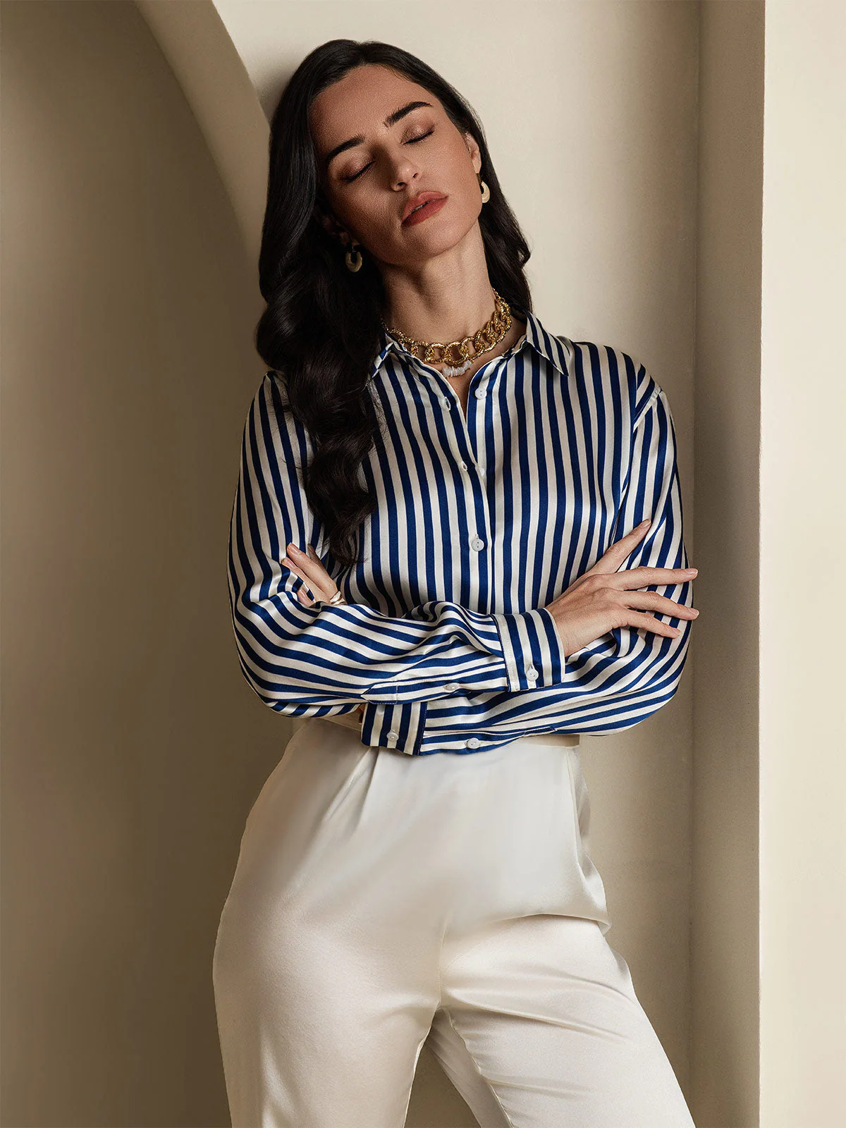 19Momme Silk Stripe Print Long Sleeve Lapel Collar Women's Shirt - Image 9