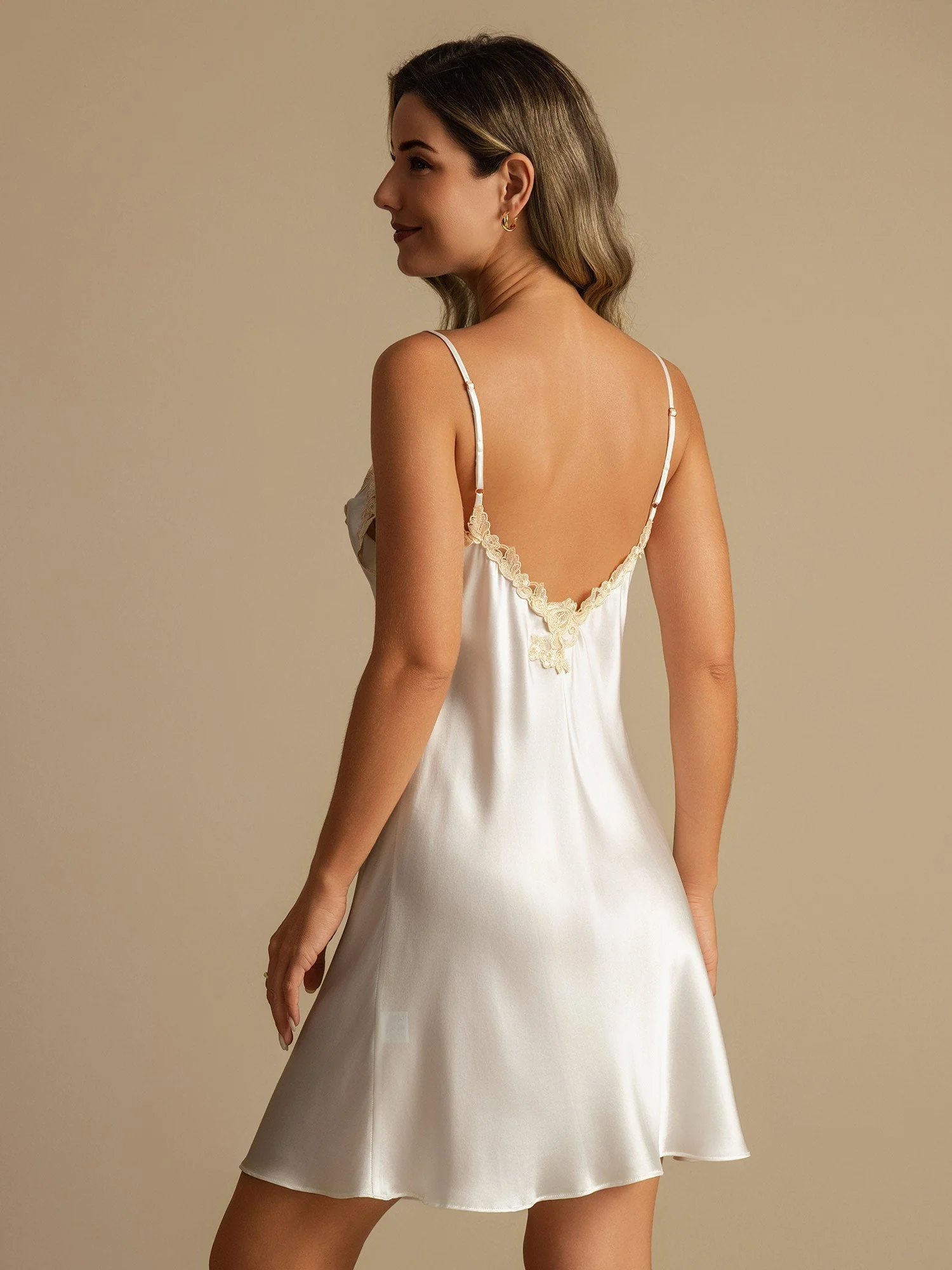100% Mulberry Silk Spaghetti Strap Short Nightgown with Lace V-Back Design - Image 8
