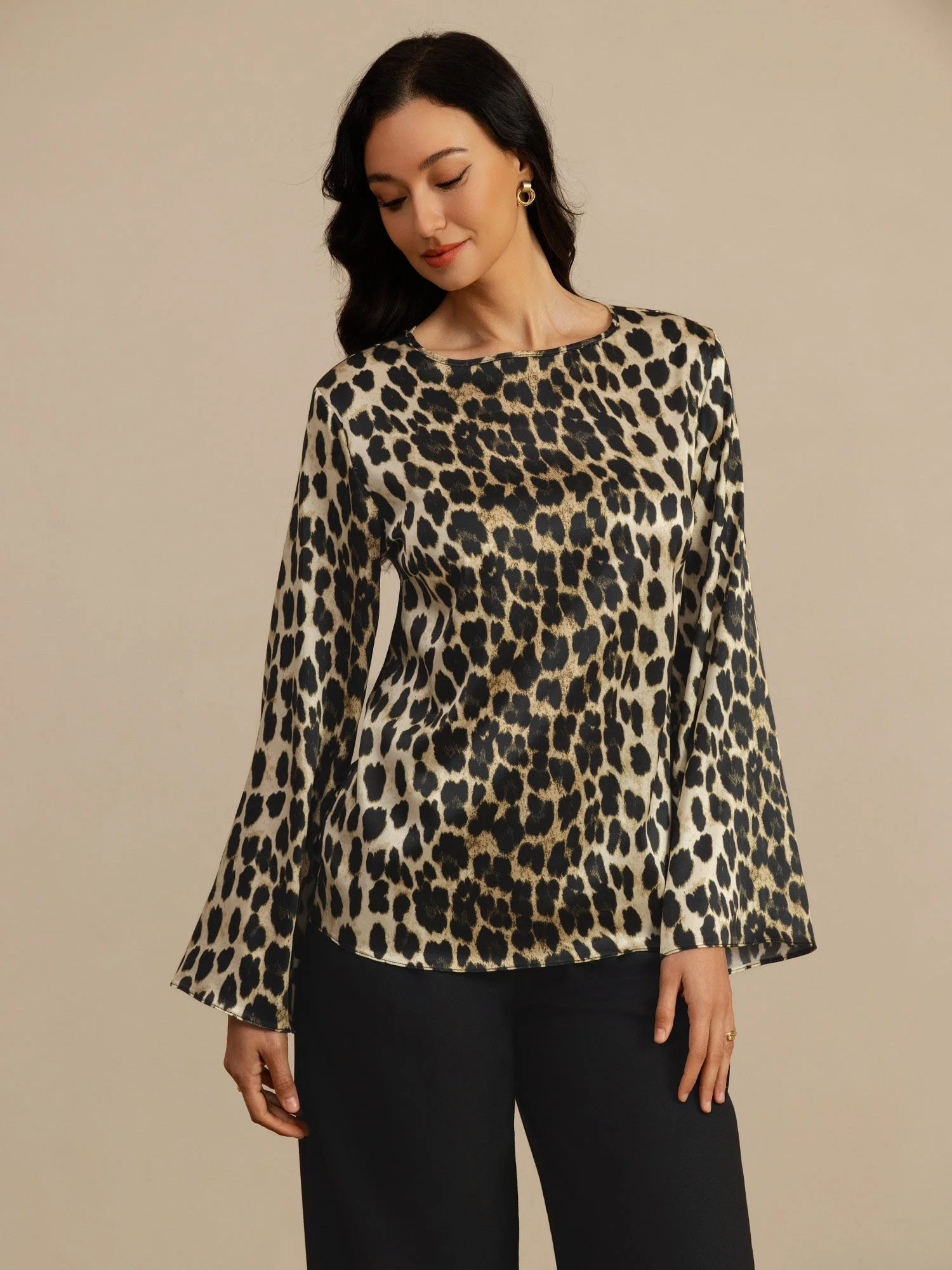 19Momme Silk Women’s Leopard Print Boat Neck Long Sleeve Blouse - Image 5
