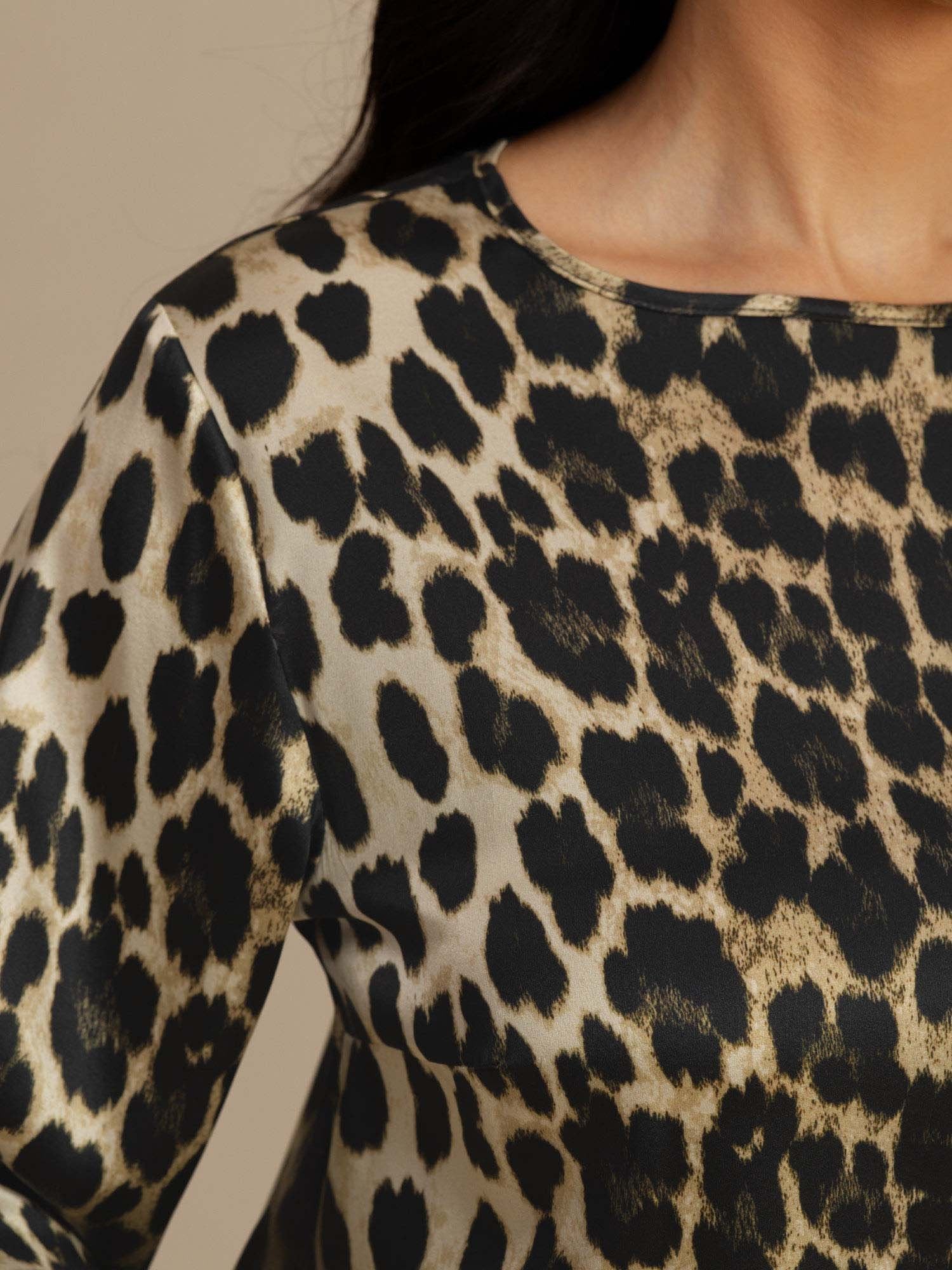 19Momme Silk Women’s Leopard Print Boat Neck Long Sleeve Blouse - Image 6