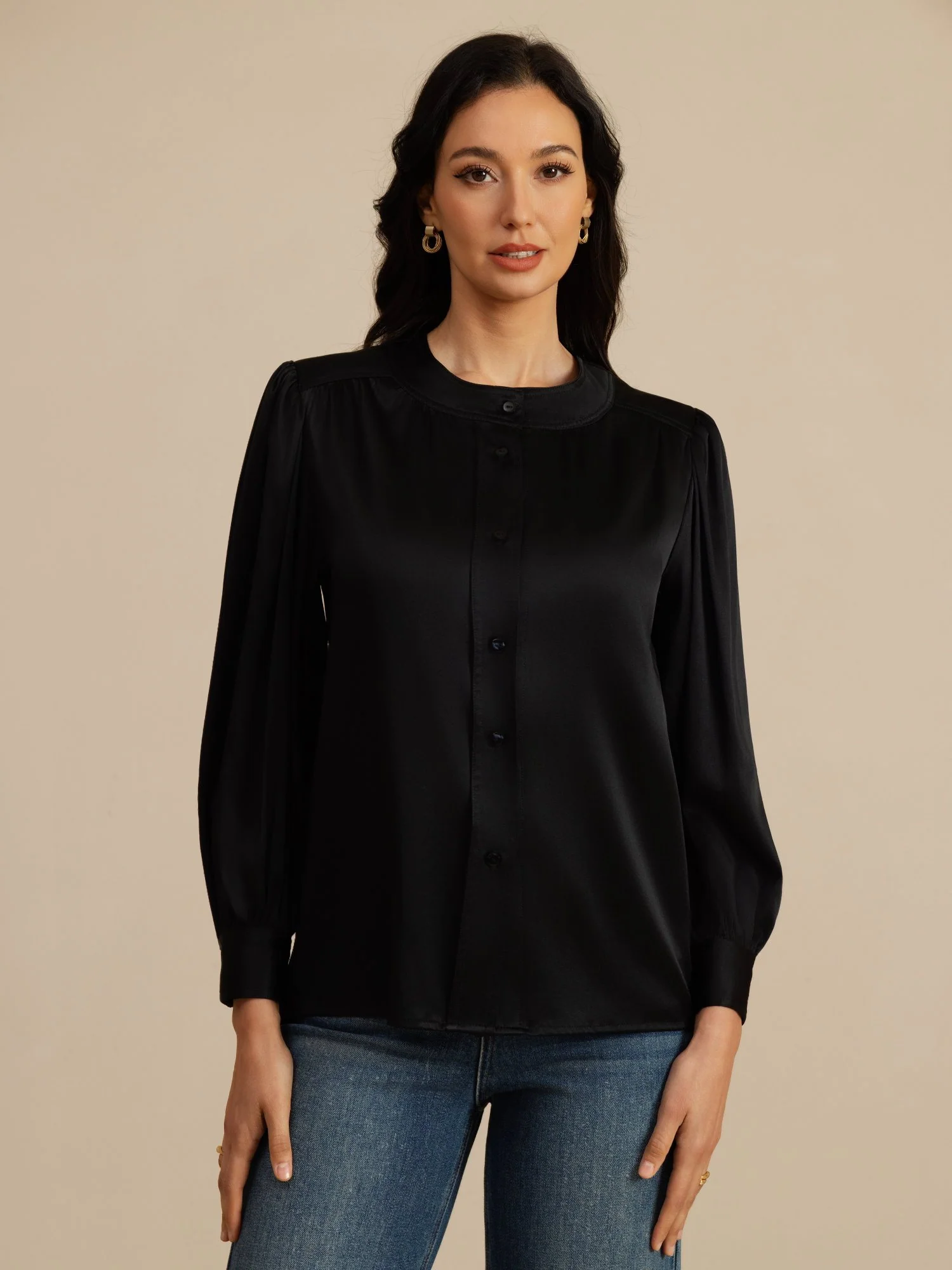19Momme Silk Women's Round Neck Lantern Sleeve Blouse With Button Closure - Image 10