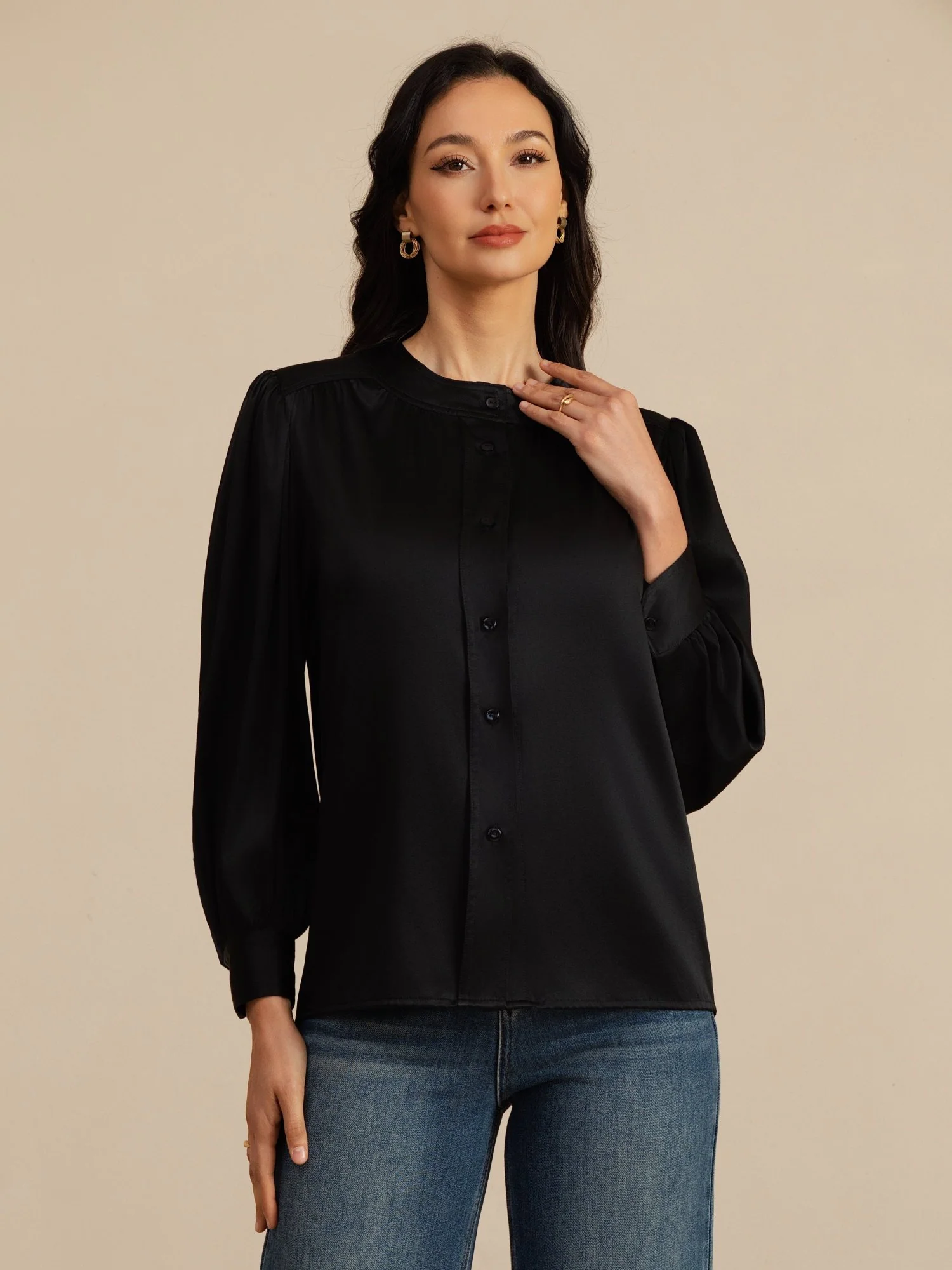 19Momme Silk Women's Round Neck Lantern Sleeve Blouse With Button Closure - Image 11