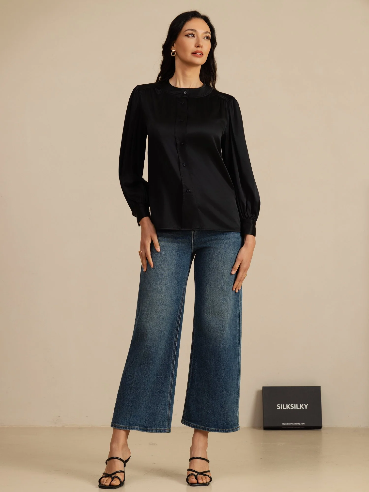 19Momme Silk Women's Round Neck Lantern Sleeve Blouse With Button Closure - Image 12