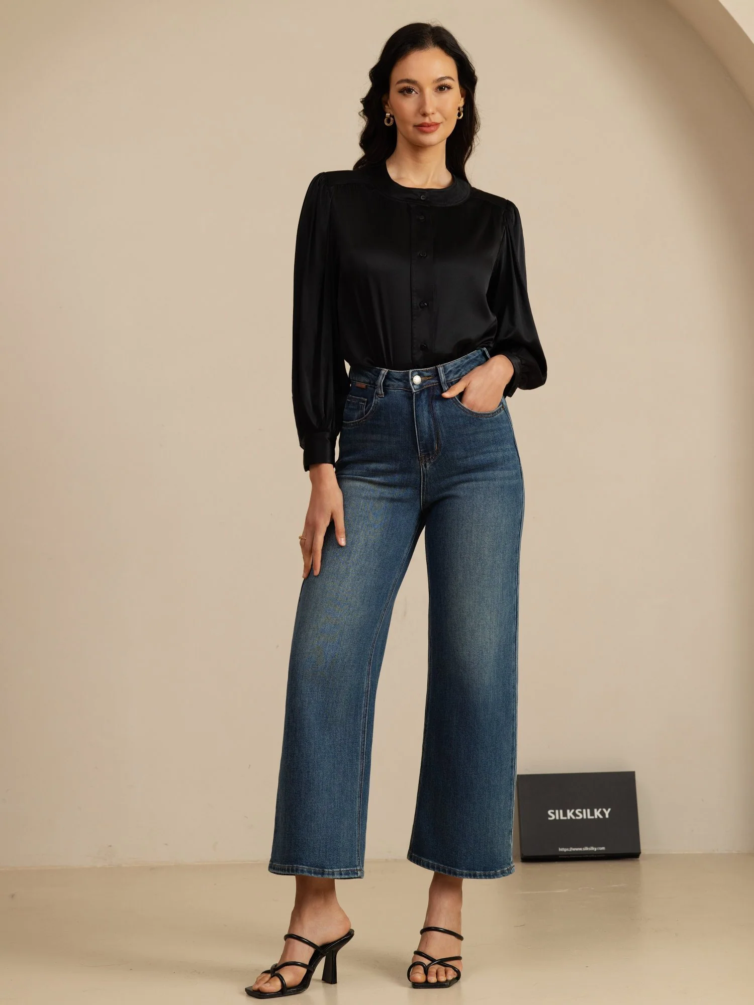 19Momme Silk Women's Round Neck Lantern Sleeve Blouse With Button Closure - Image 14