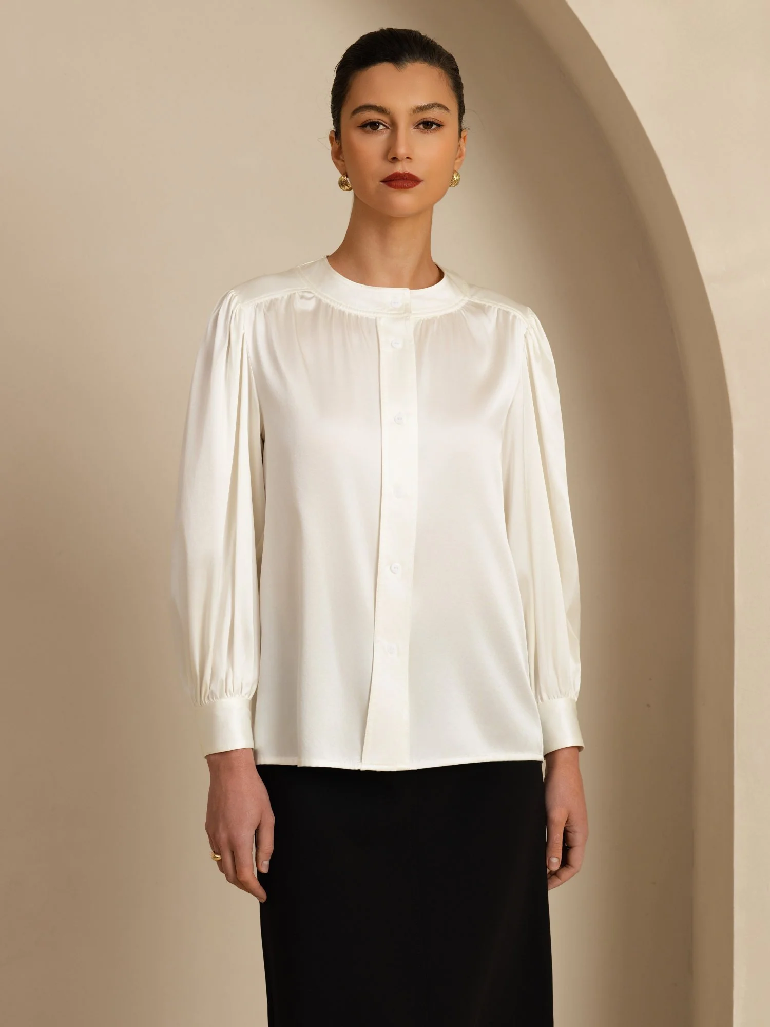 19Momme Silk Women's Round Neck Lantern Sleeve Blouse With Button Closure - Image 17