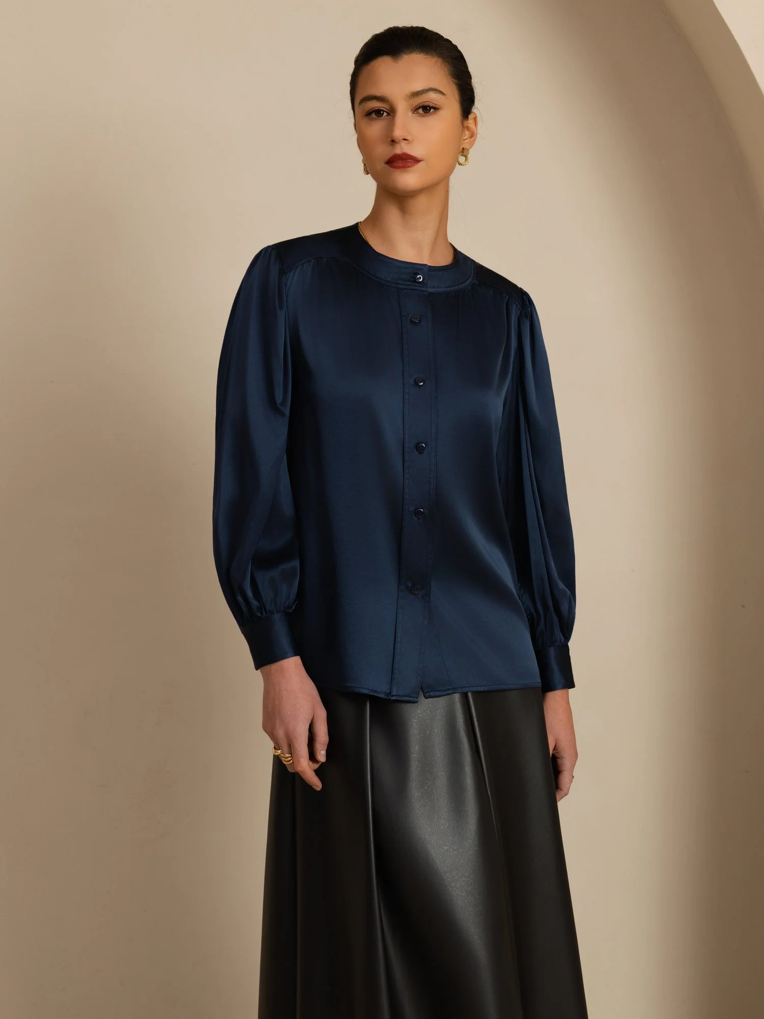19Momme Silk Women's Round Neck Lantern Sleeve Blouse With Button Closure - Image 25