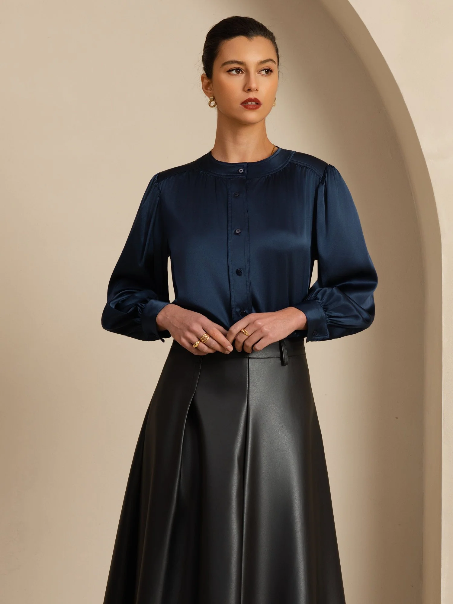 19Momme Silk Women's Round Neck Lantern Sleeve Blouse With Button Closure - Image 26