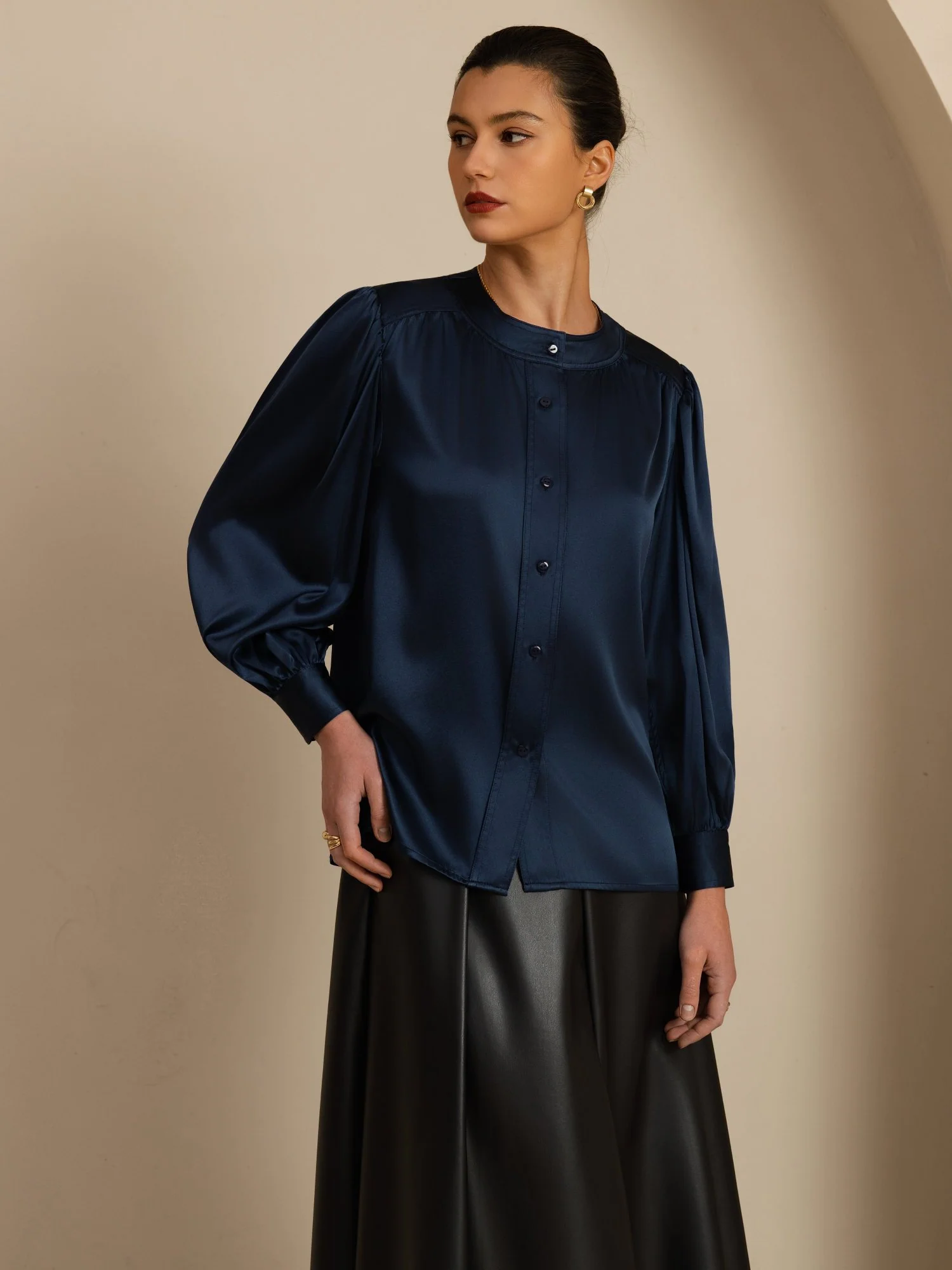 19Momme Silk Women's Round Neck Lantern Sleeve Blouse With Button Closure - Image 27