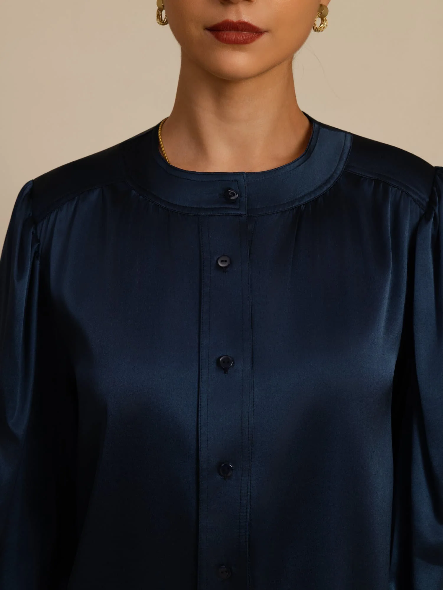 19Momme Silk Women's Round Neck Lantern Sleeve Blouse With Button Closure - Image 28