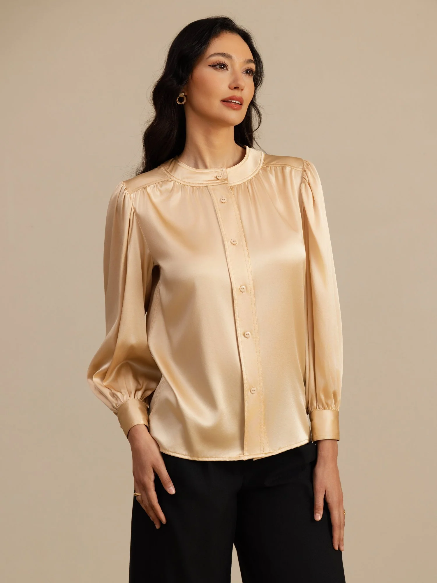 19Momme Silk Women's Round Neck Lantern Sleeve Blouse With Button Closure - Image 3
