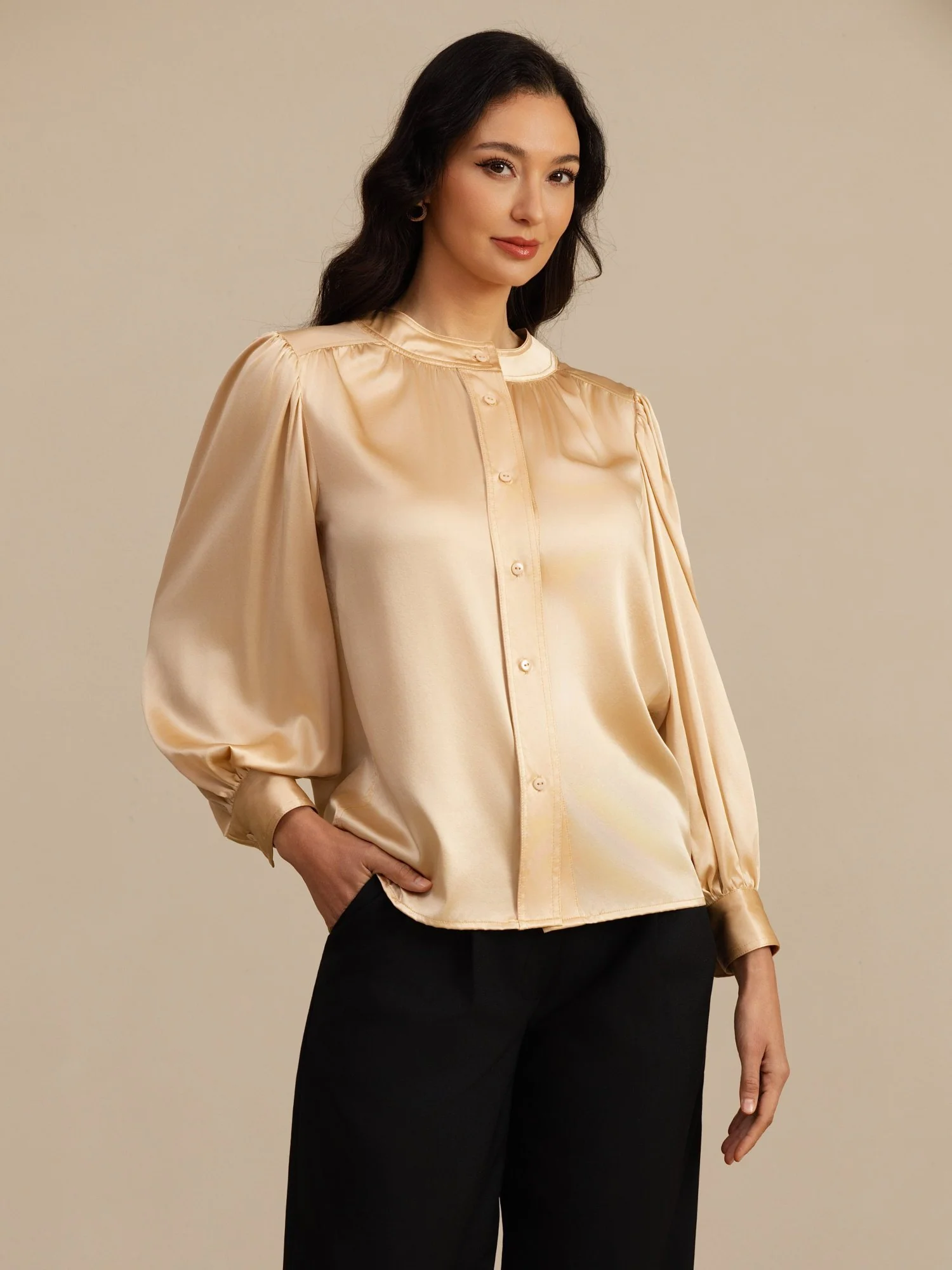 19Momme Silk Women's Round Neck Lantern Sleeve Blouse With Button Closure - Image 4