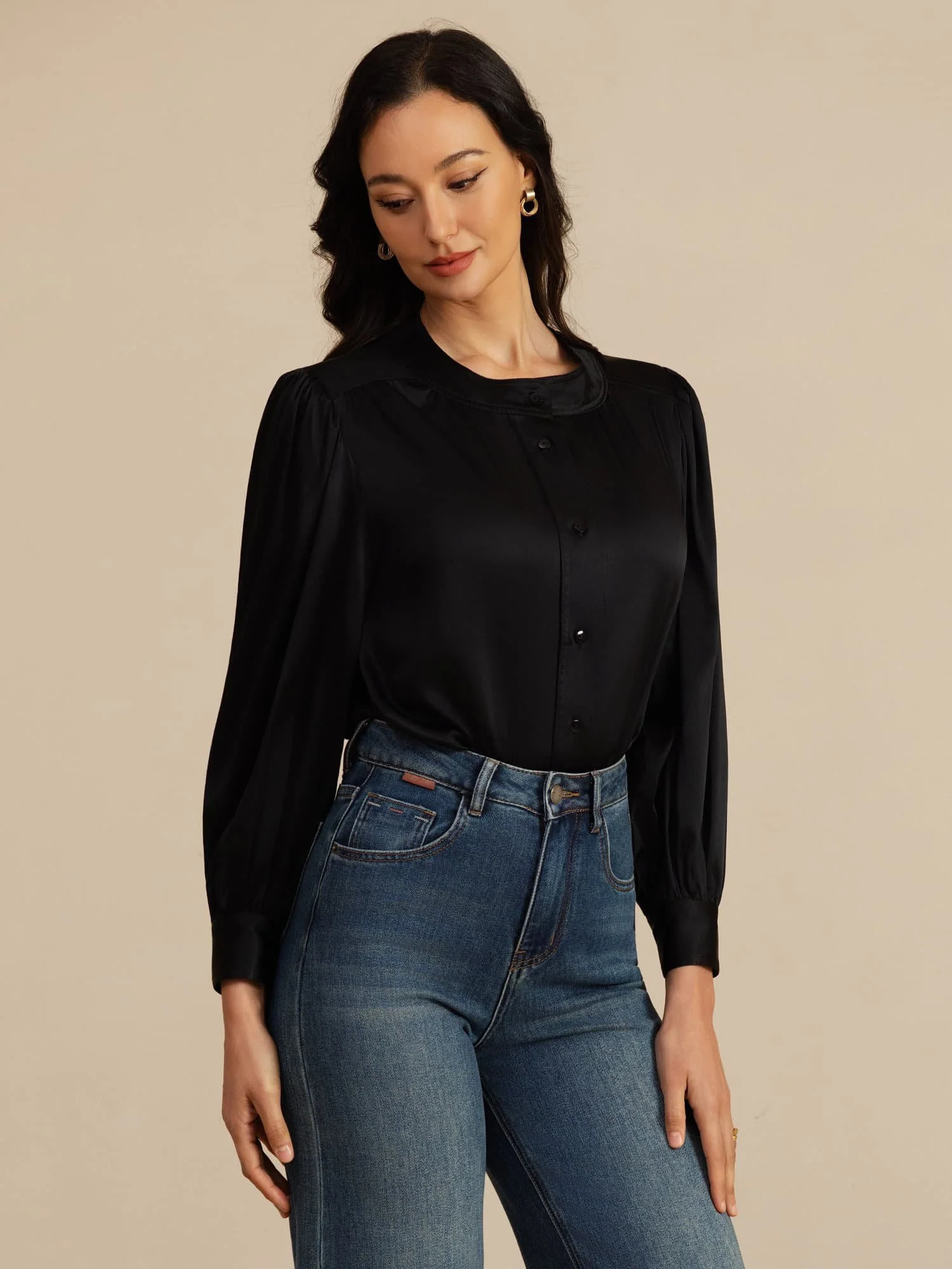 19Momme Silk Women's Round Neck Lantern Sleeve Blouse With Button Closure - Image 8