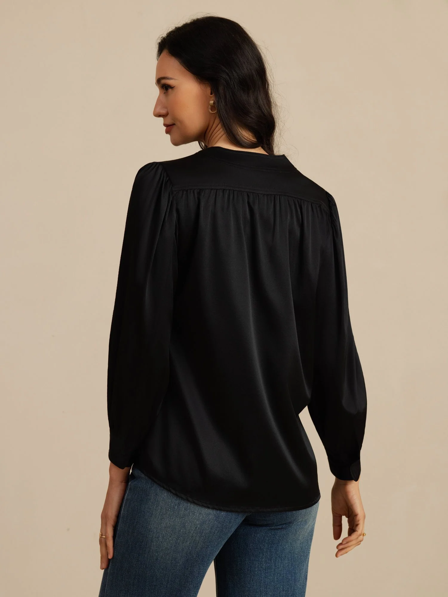 19Momme Silk Women's Round Neck Lantern Sleeve Blouse With Button Closure - Image 9