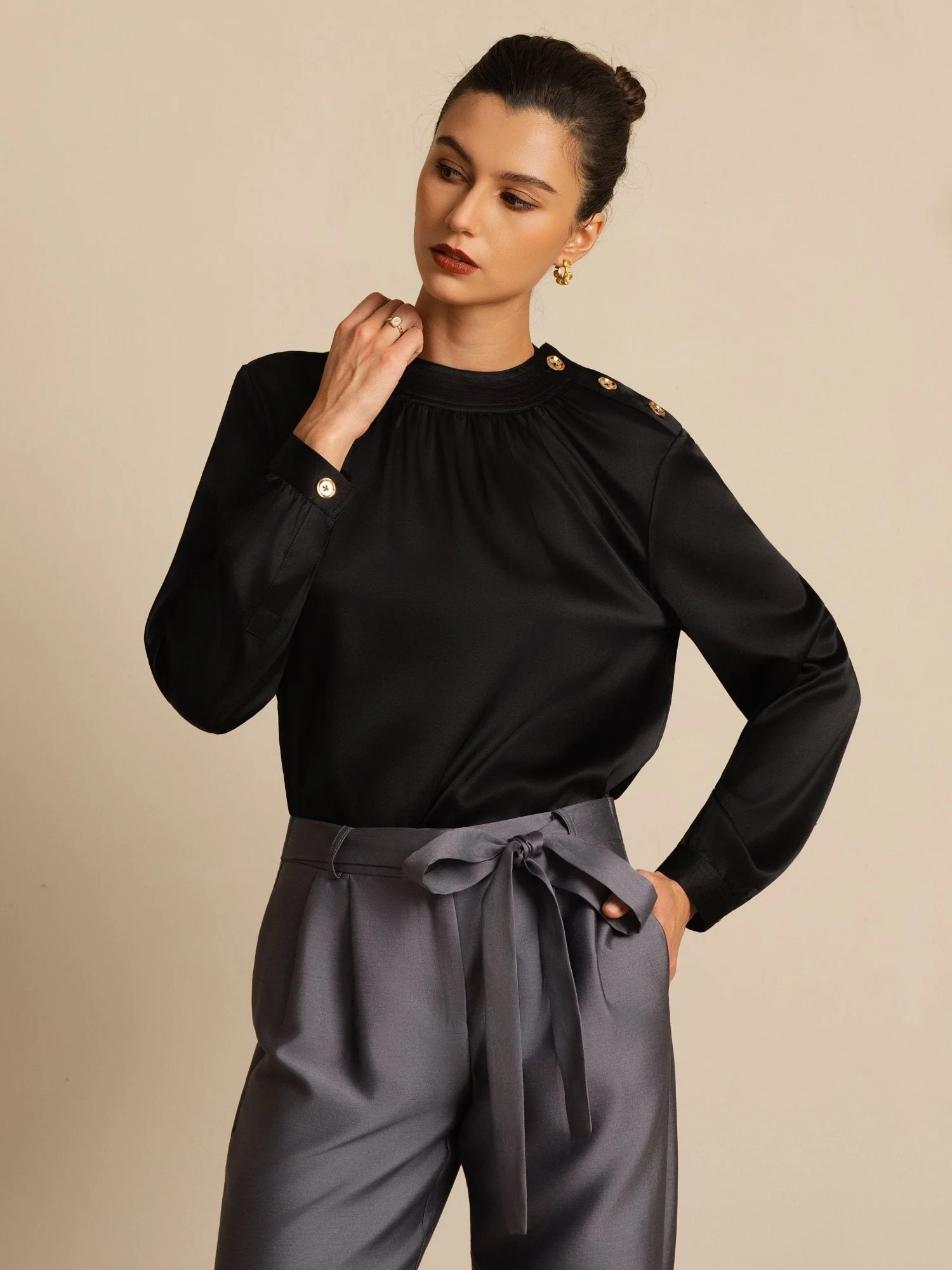 19Momme Silk Women’s Gathered Neck Long Sleeve Blouse - Image 16