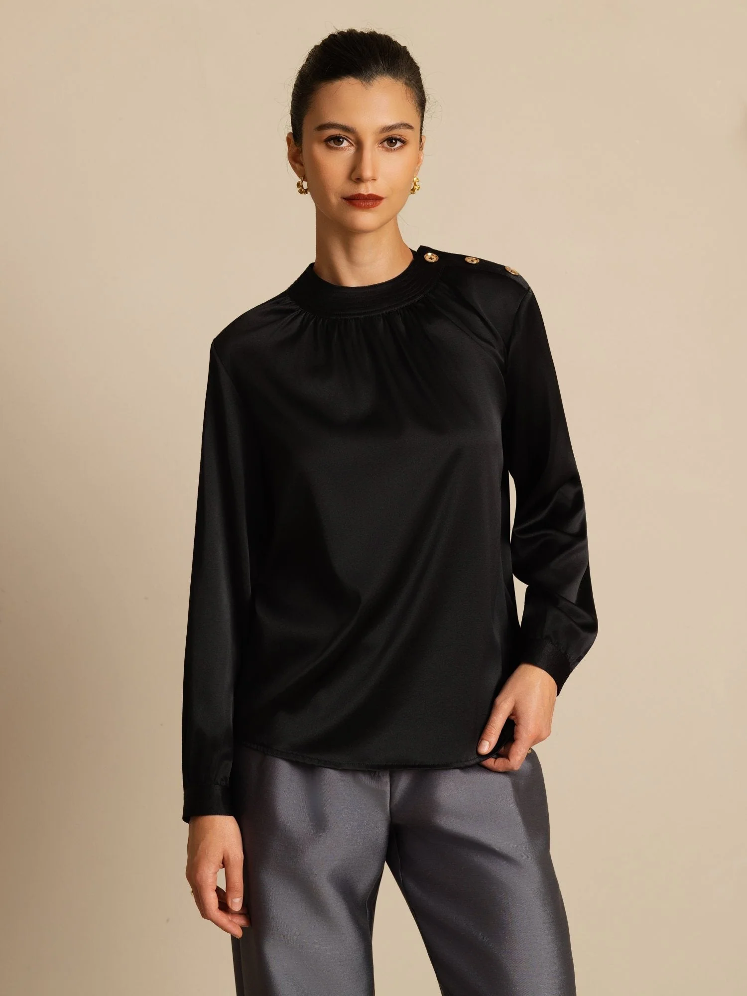 19Momme Silk Women’s Gathered Neck Long Sleeve Blouse - Image 18